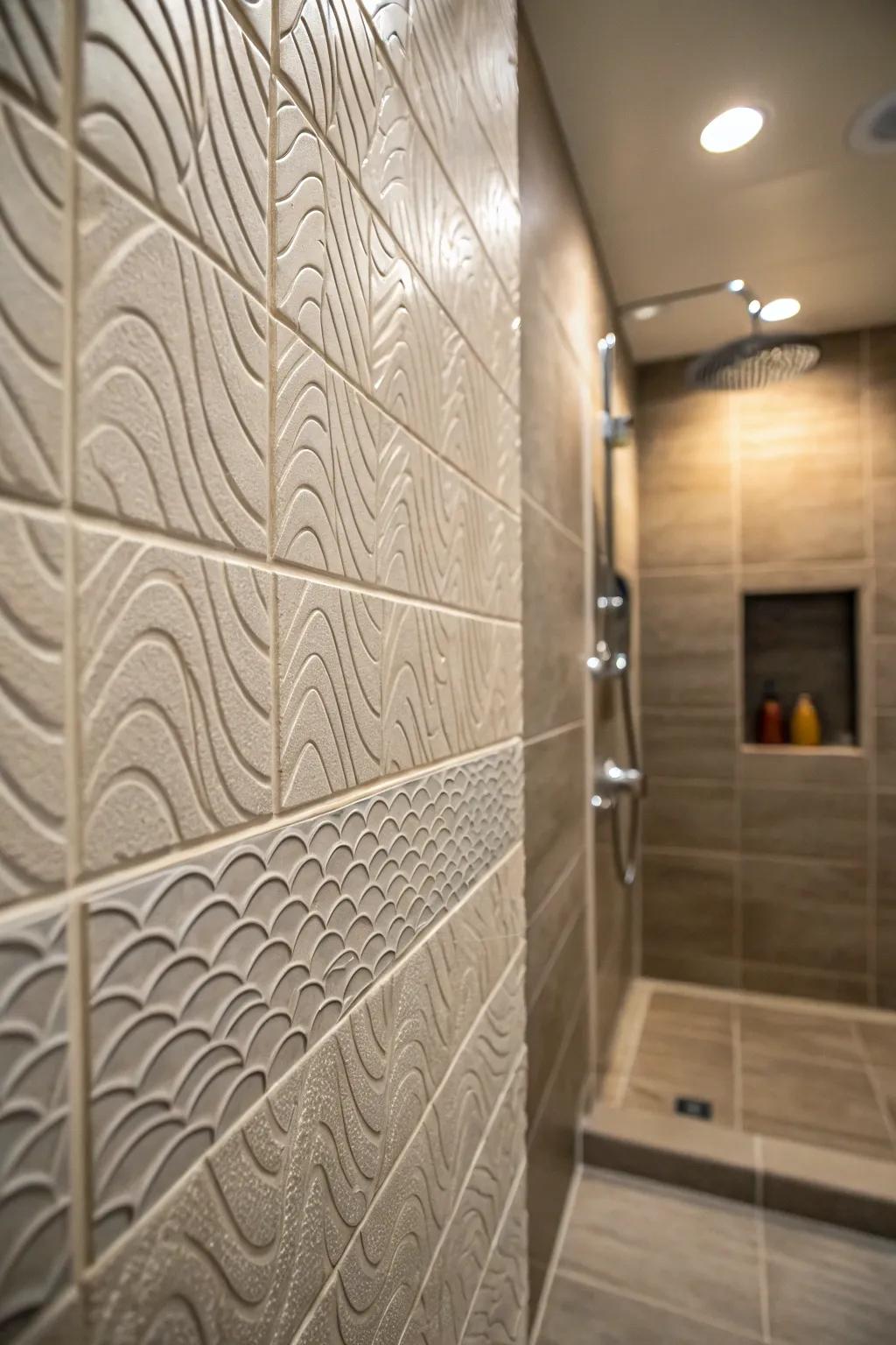 Textured tiles create depth, adding warmth and character to showers.