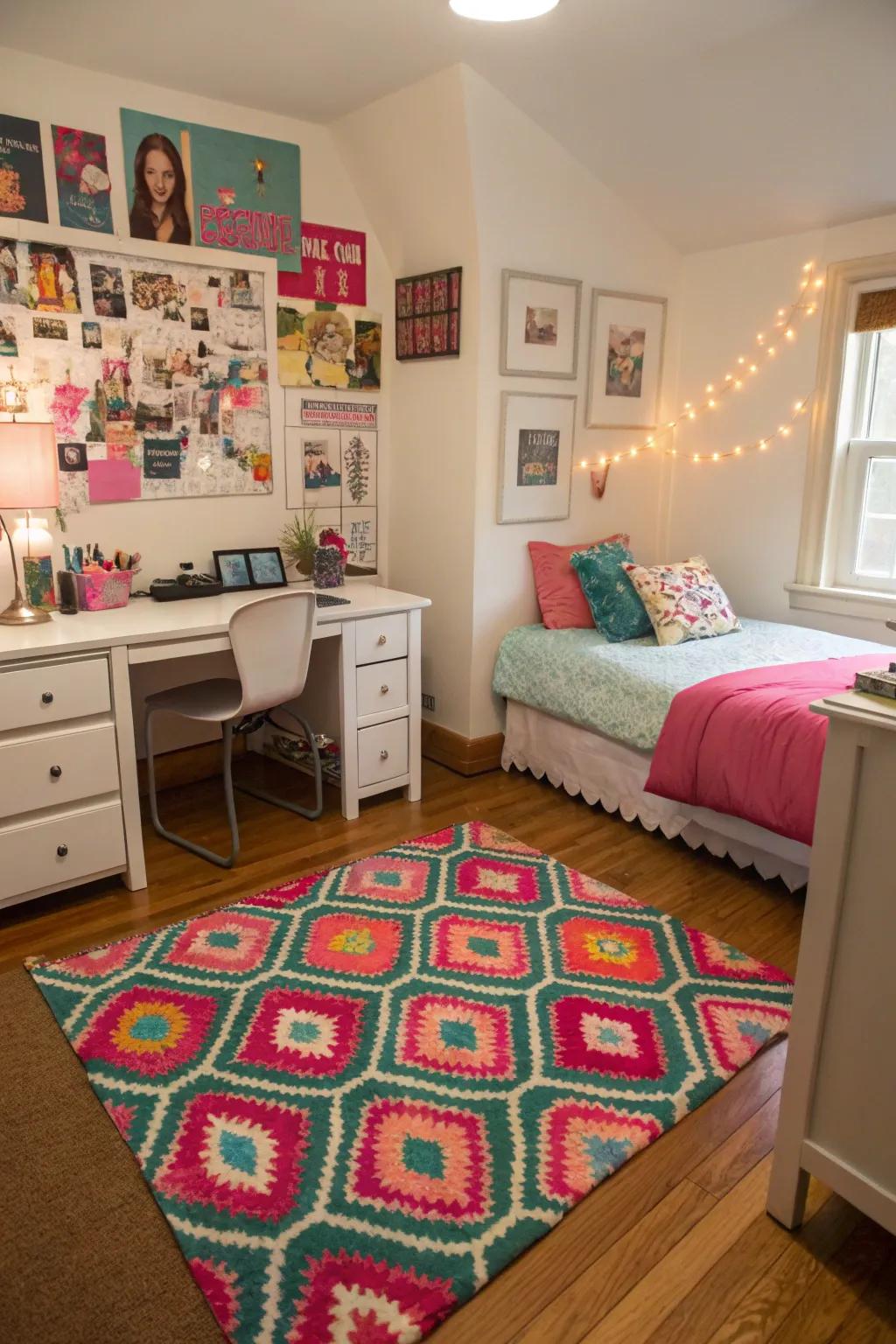 Entrancing rug accentuating character combined to hues.