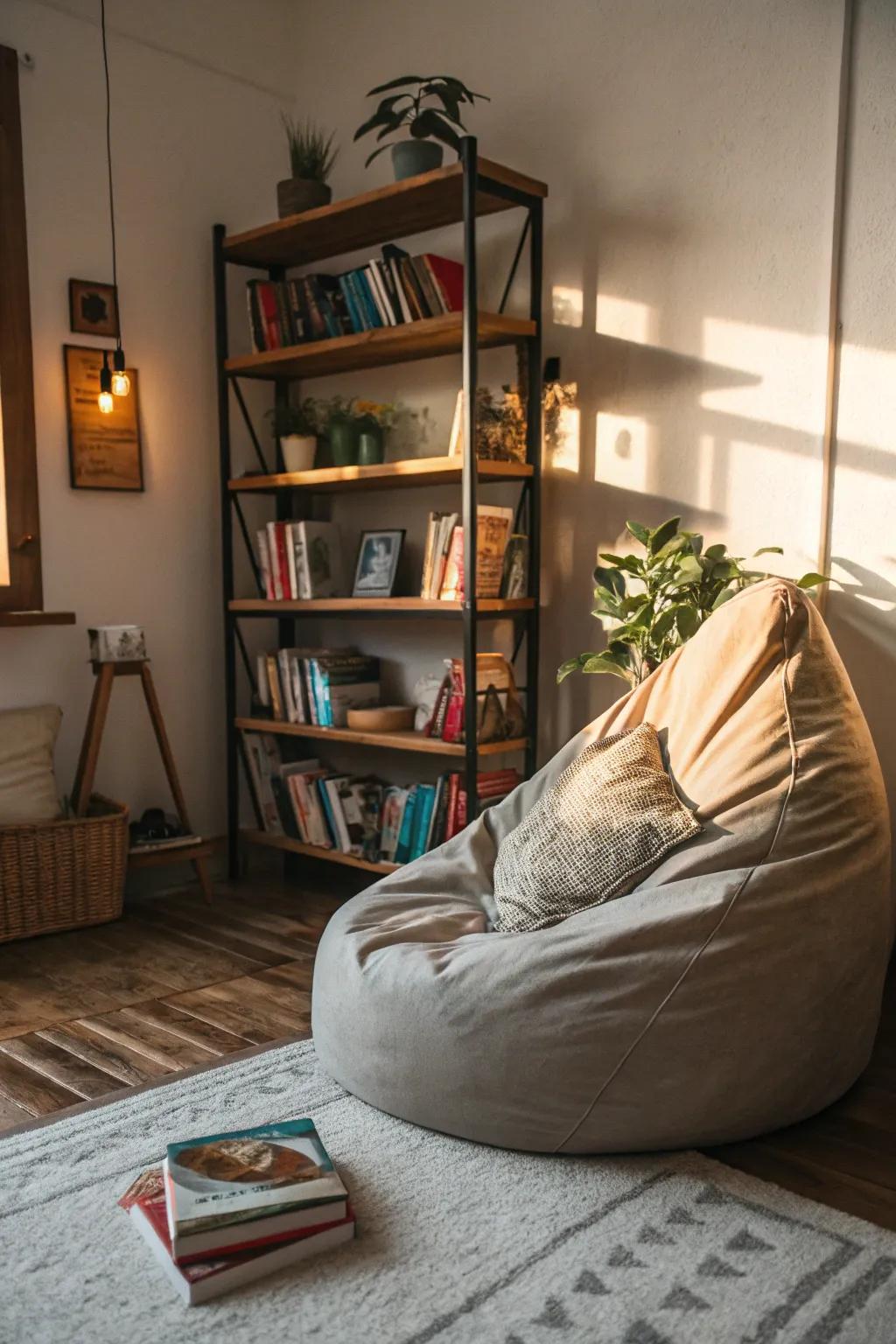 A relaxation zone offers a cozy retreat within the room.