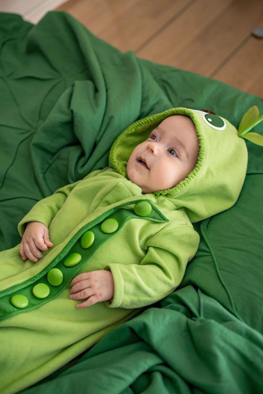A peapod costume that is wonderfully sweet for Halloween.