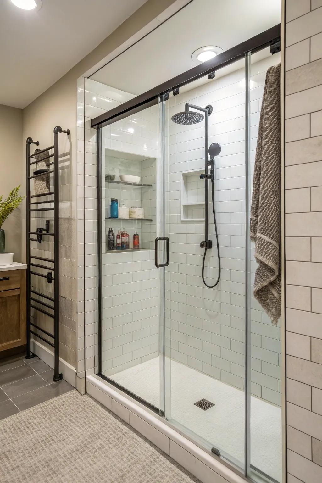 Gliding entryways offer practicality for compact shower layouts.