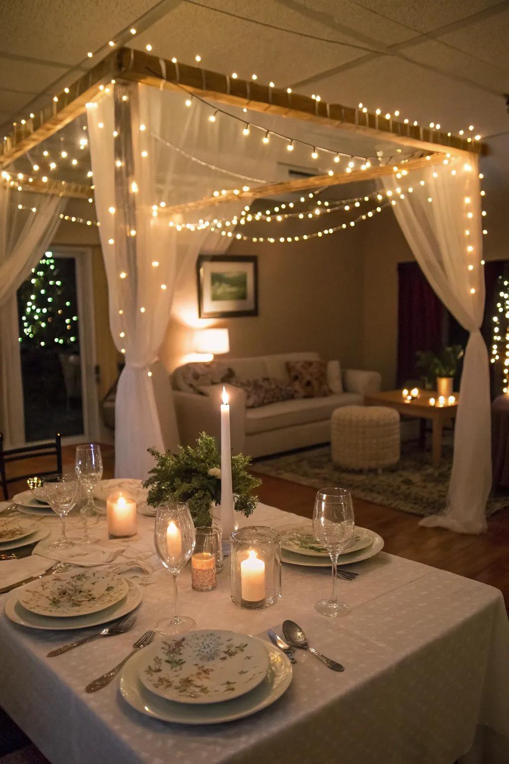 An indoor fairy light canopy creates a magical dining atmosphere.
