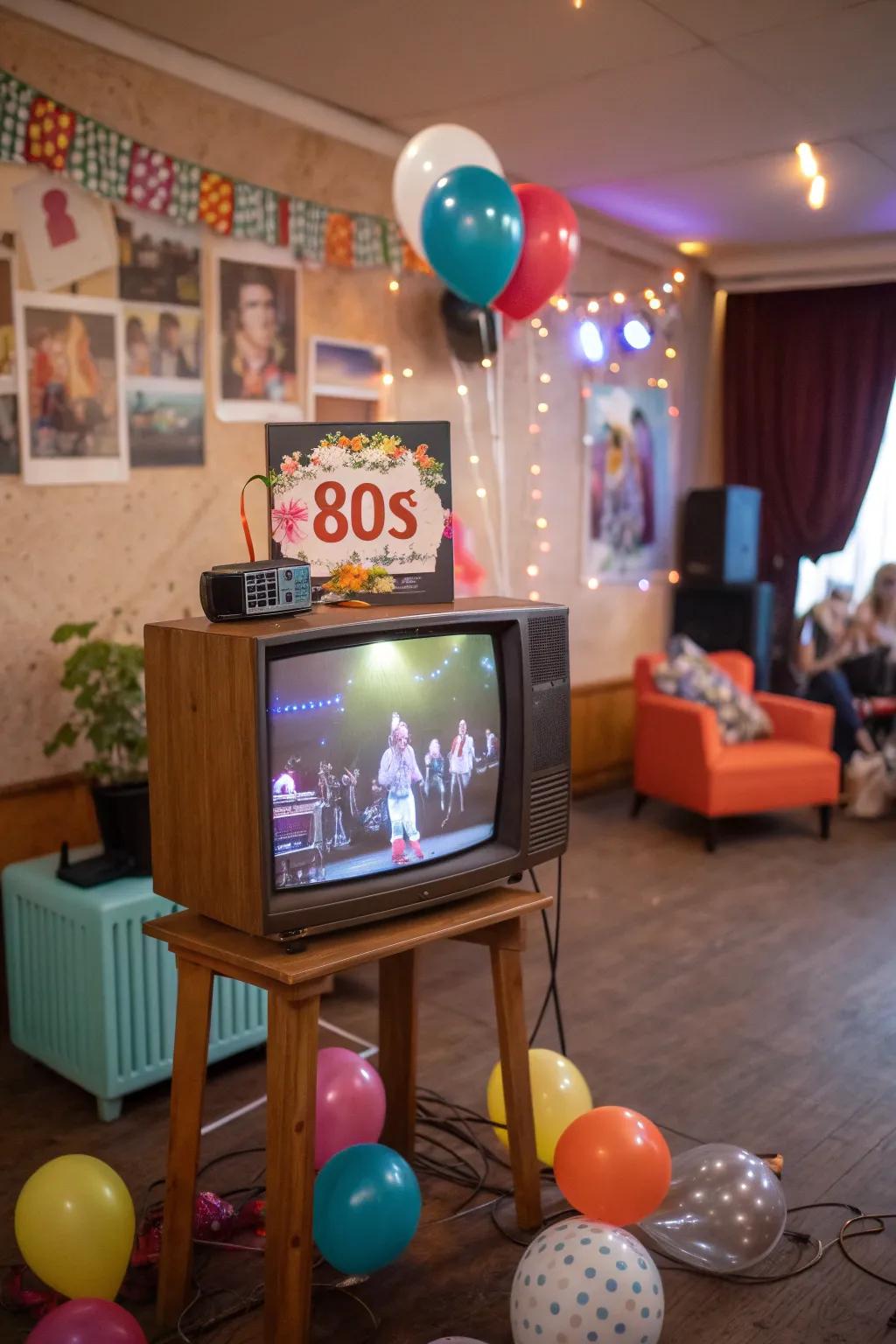 A vintage TV display contributes an authentic touch to your 80s theme party.
