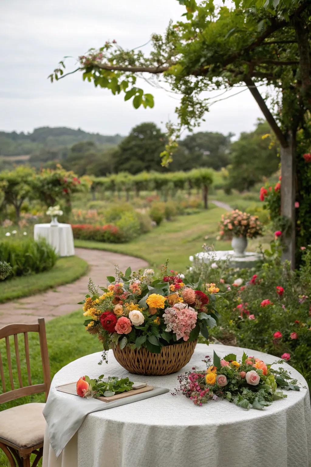 Seasonal blossoms inject authenticity into a garden gathering.