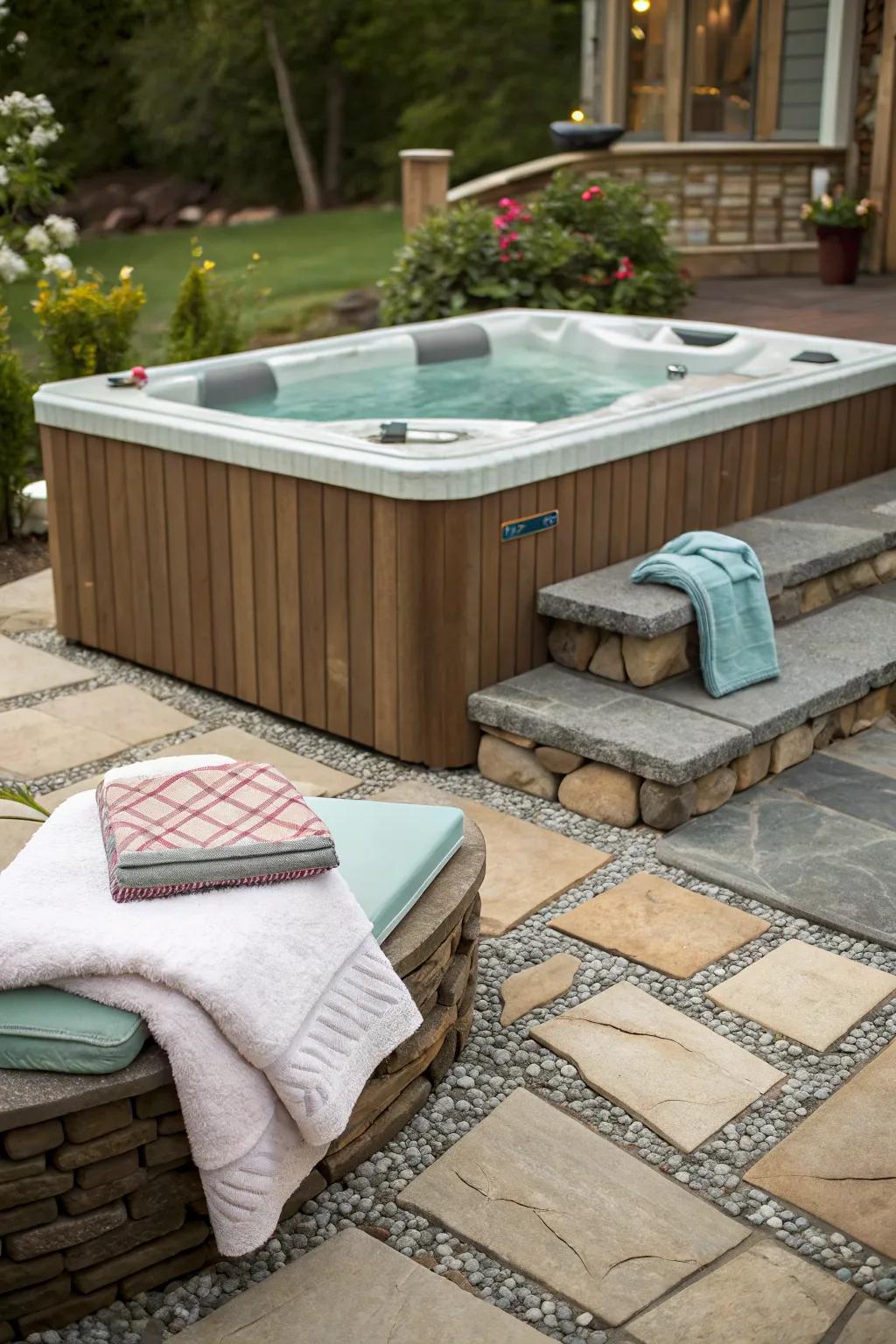 Mixing textures infuses elegance to your hydro-therapy tub area.