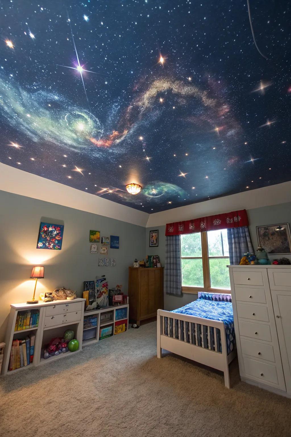A starry night sky artwork turns this ceiling into an enchanting feature.