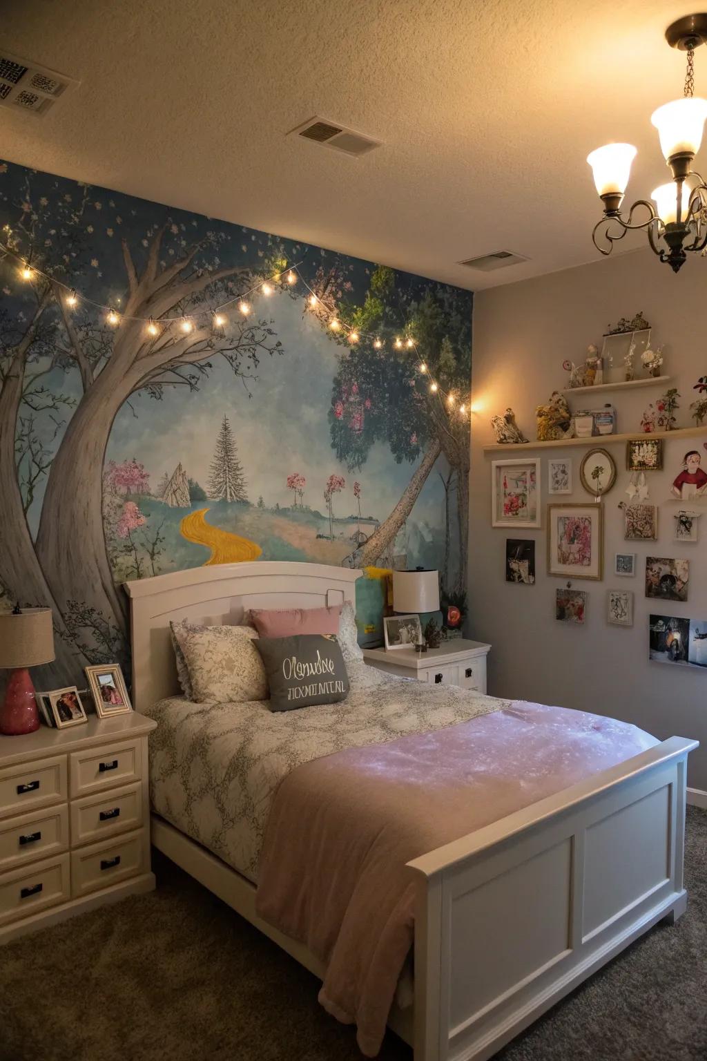 A bespoke mural on the feature wall introduces a personal and artistic essence to the bedroom.