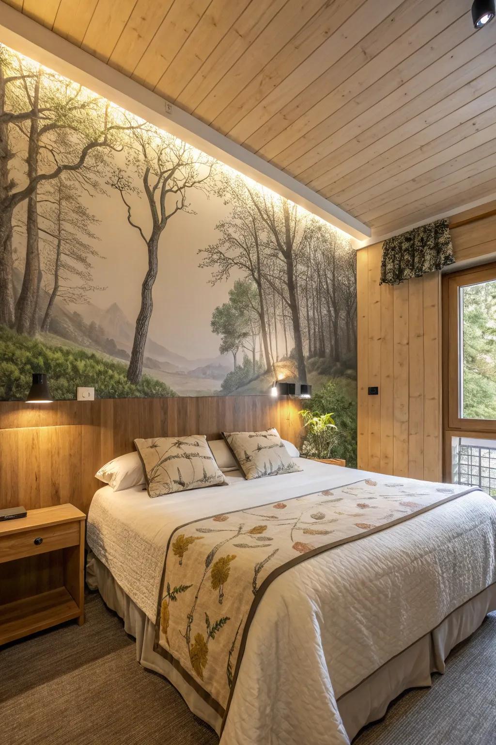 A sleeping quarters with a nature mural feature wall bringing the outdoors in.