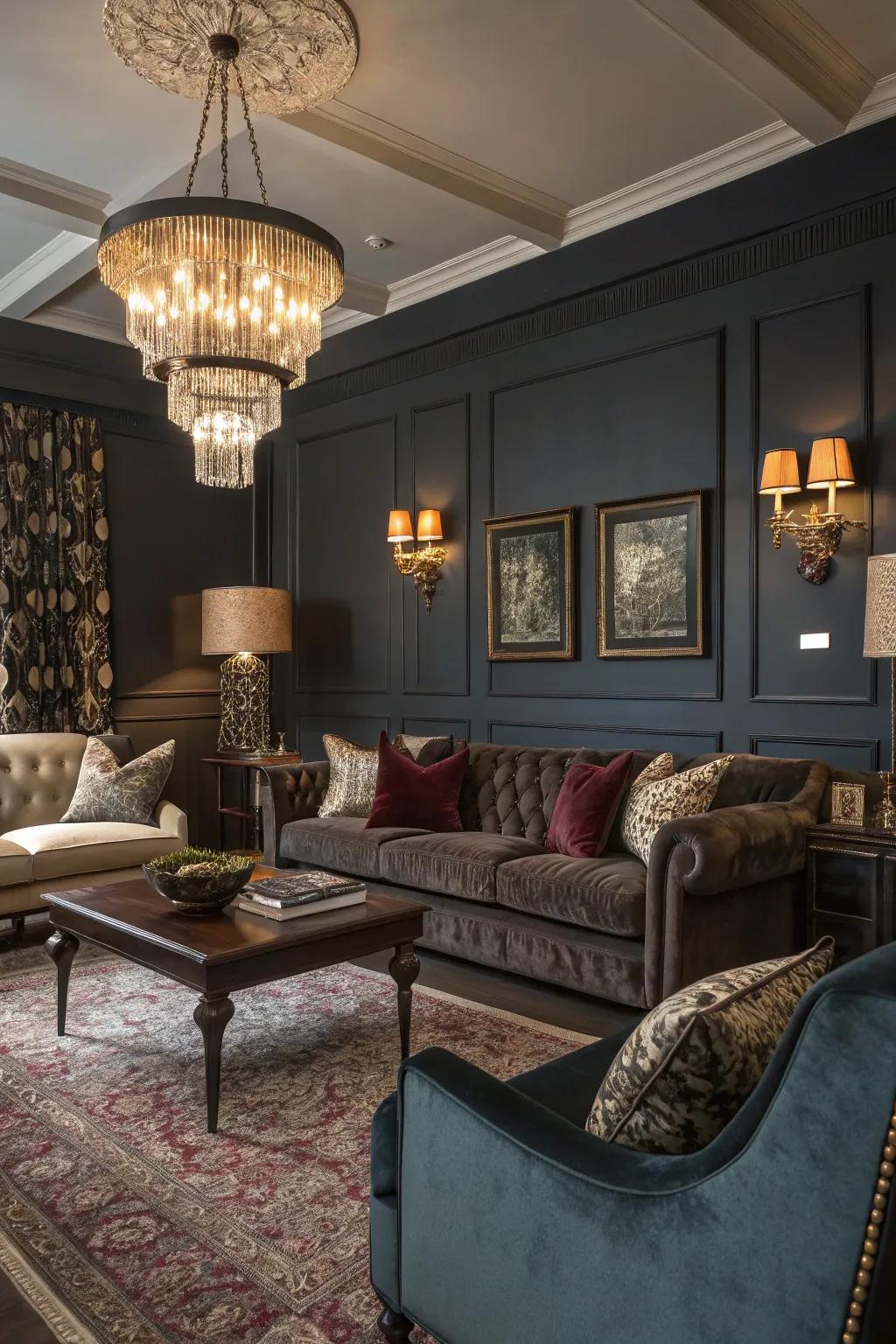 An elegant living space featuring dark tones.