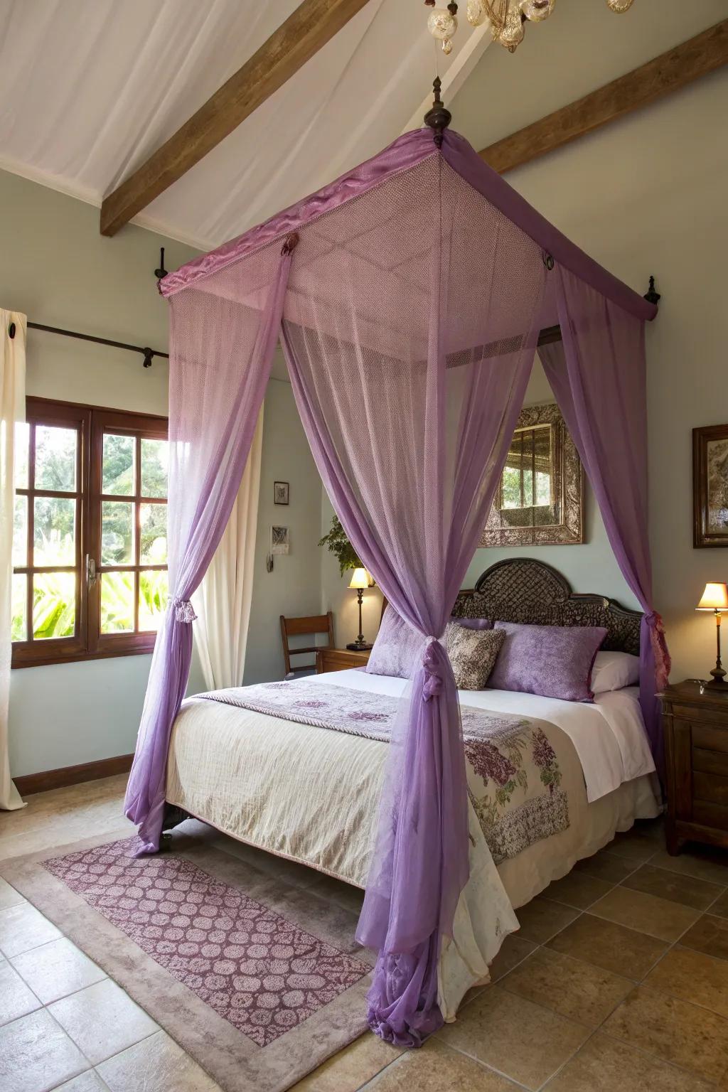 Dream under a luxurious amethyst canopy.