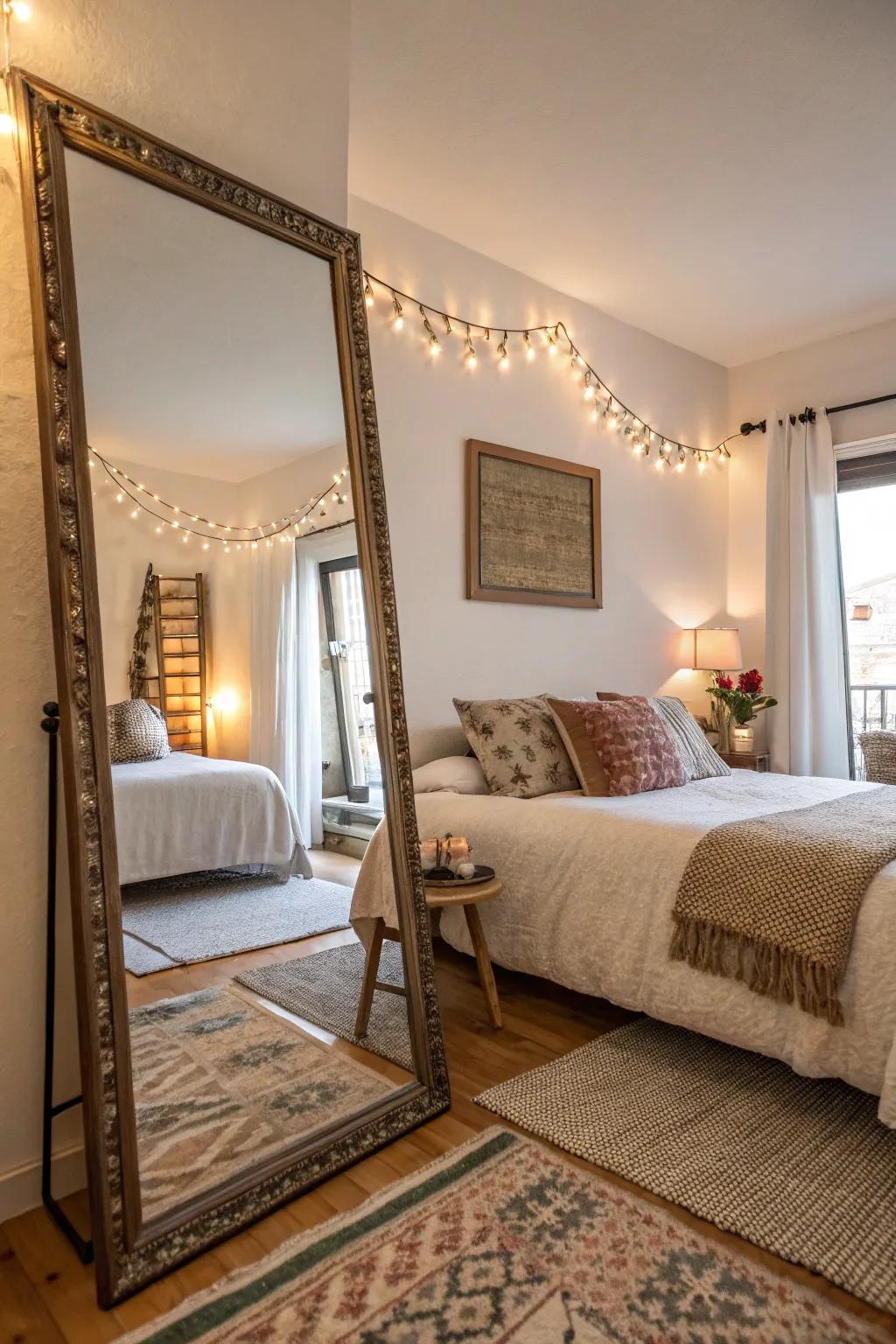 Reflectors enhance the sense of space and light in an Airbnb bedroom.
