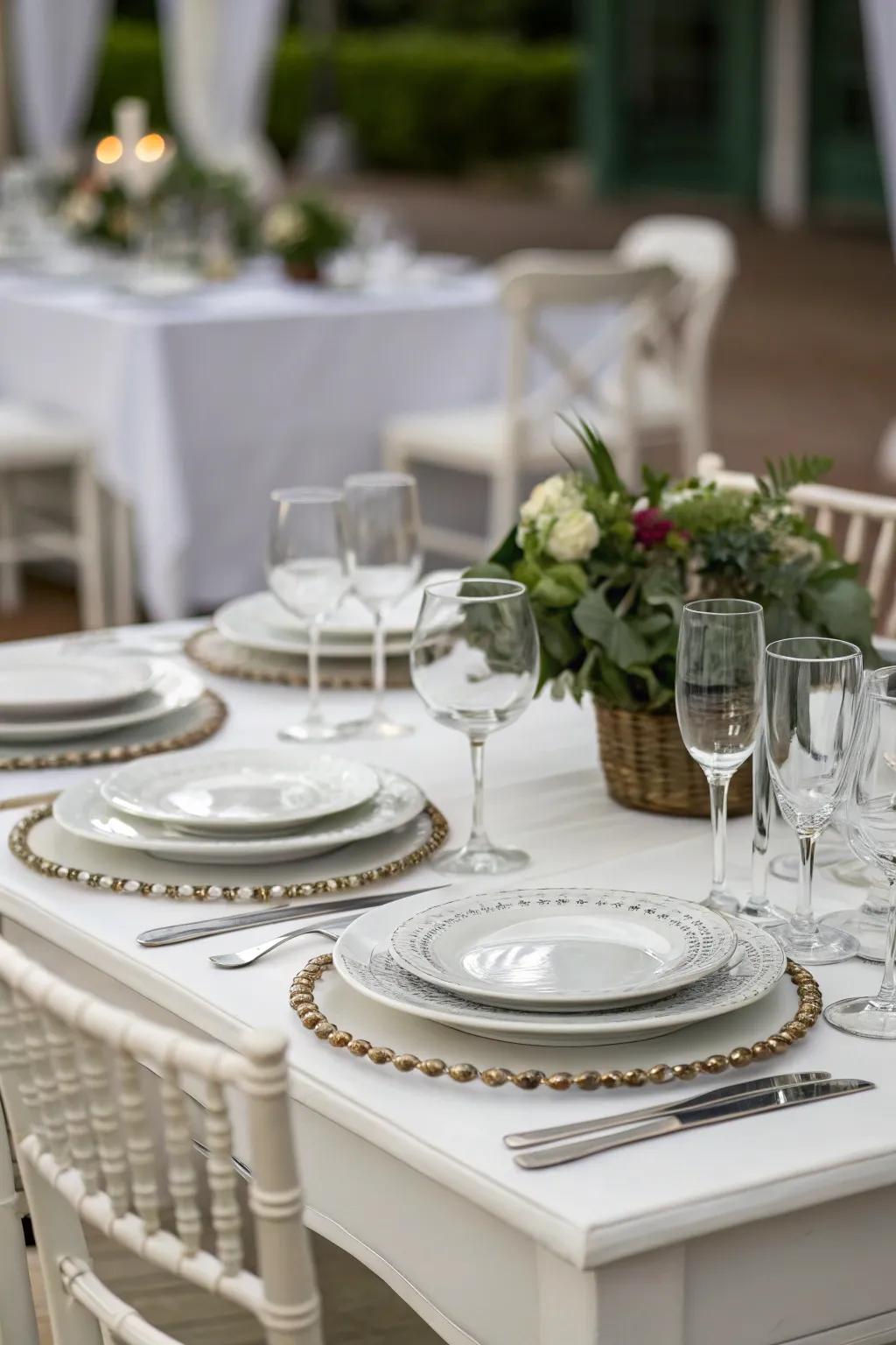 White table service plates elevate the formal dining experience.