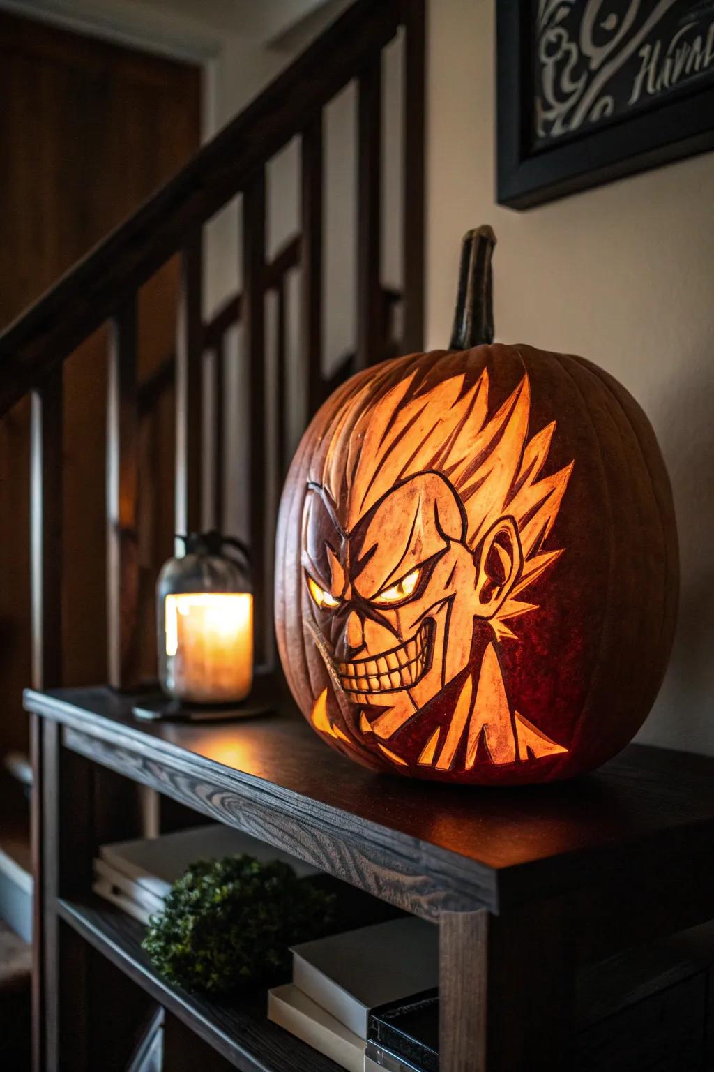 Incorporate a hint of mischief with a sculpted pumpkin homage to anime antagonists.