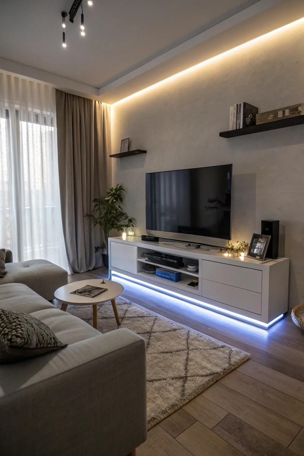 A living room featuring diode strips adding a modern touch to the TV stand.