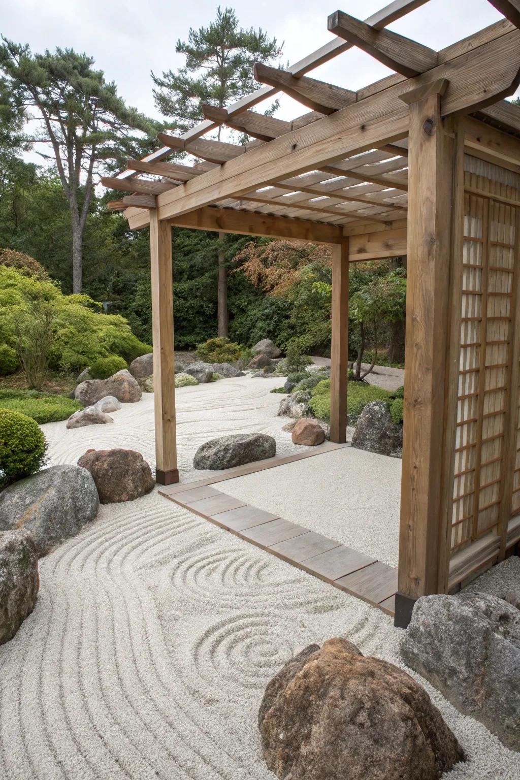 A Zen garden pergola provides a space of tranquility and simplicity.