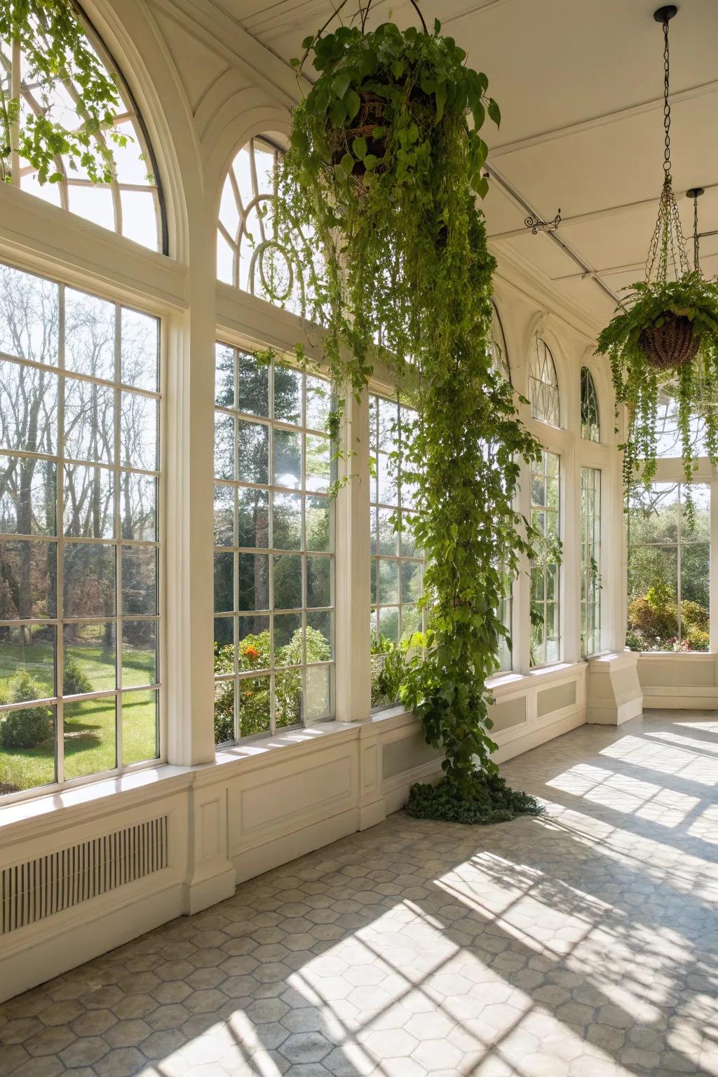 Bright sunroom featuring an indoor vine structure on arched windows.
