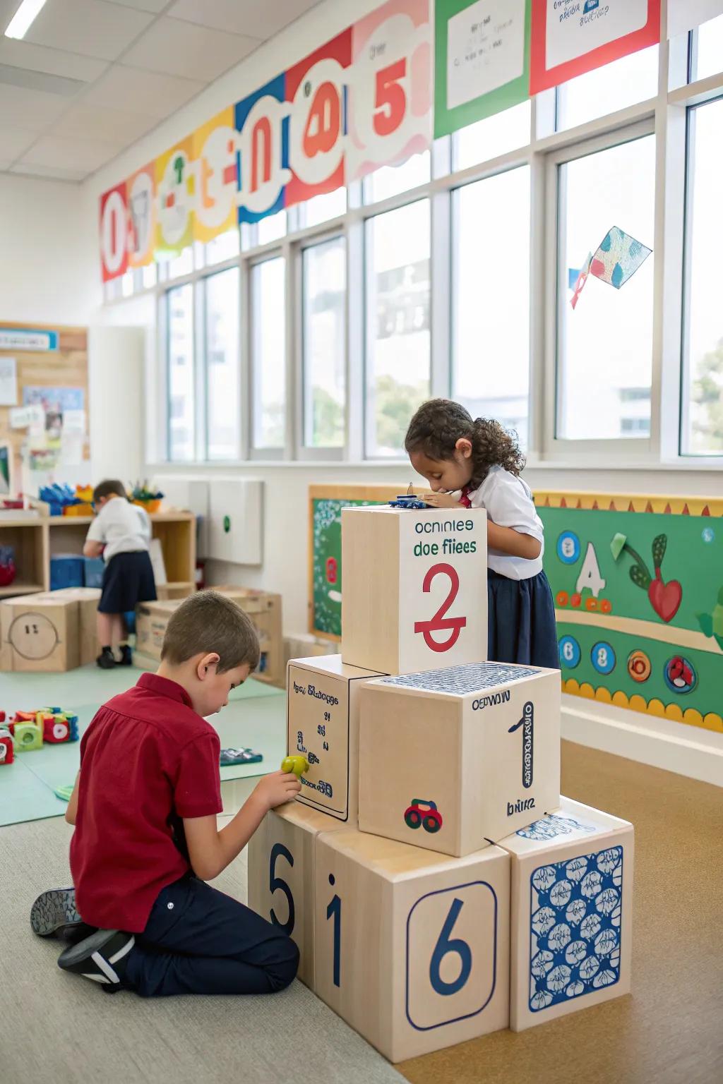 Learning through play using educational block stations.