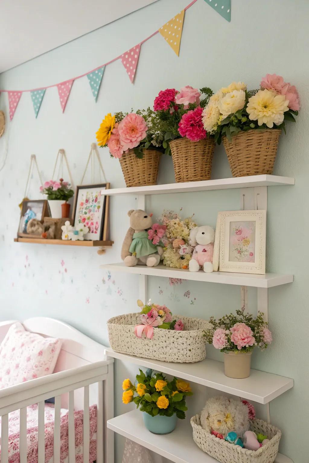 Wall shelves stylishly display floral-themed decor.