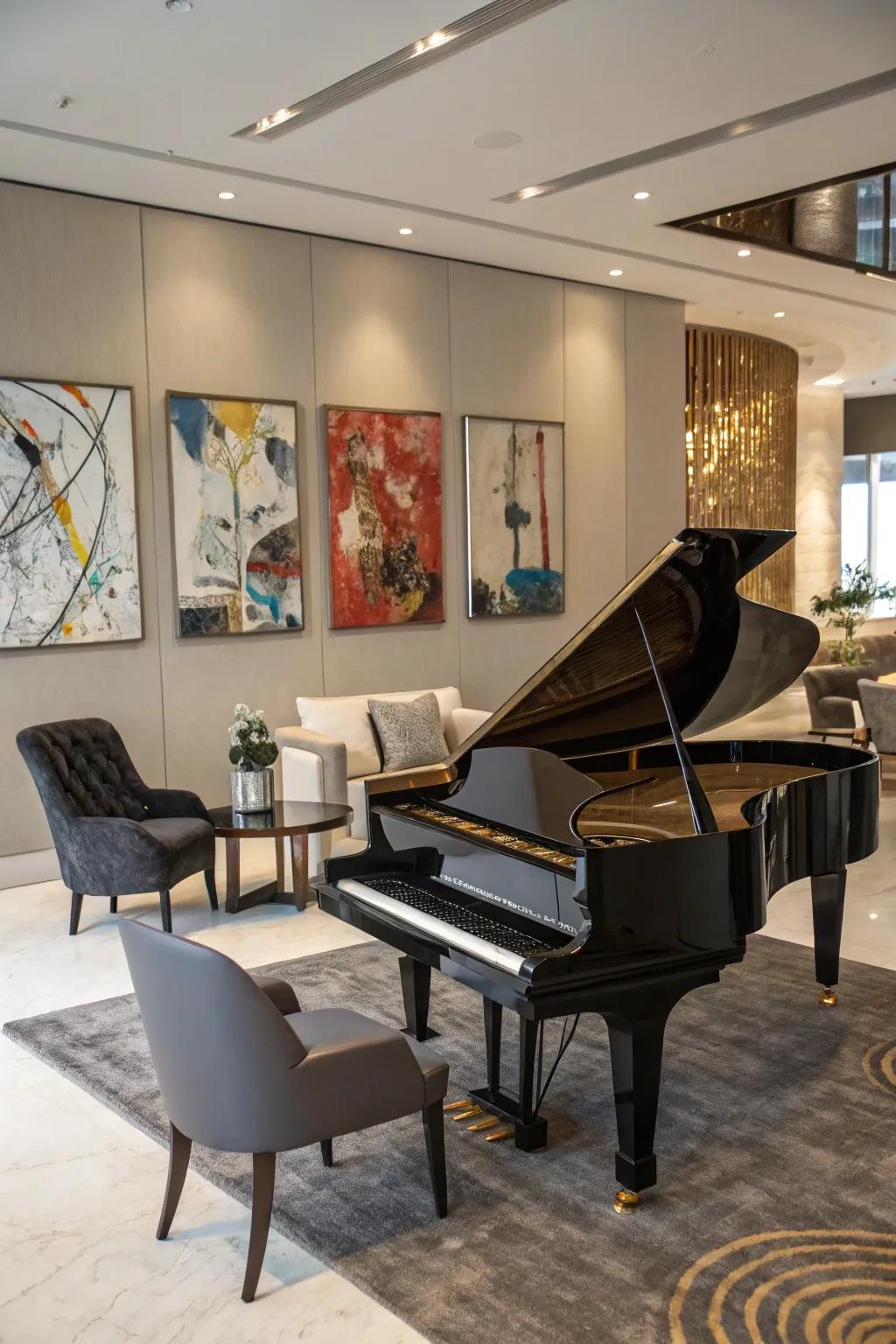 Modern aspects craft a contemporary ambiance around the piano.