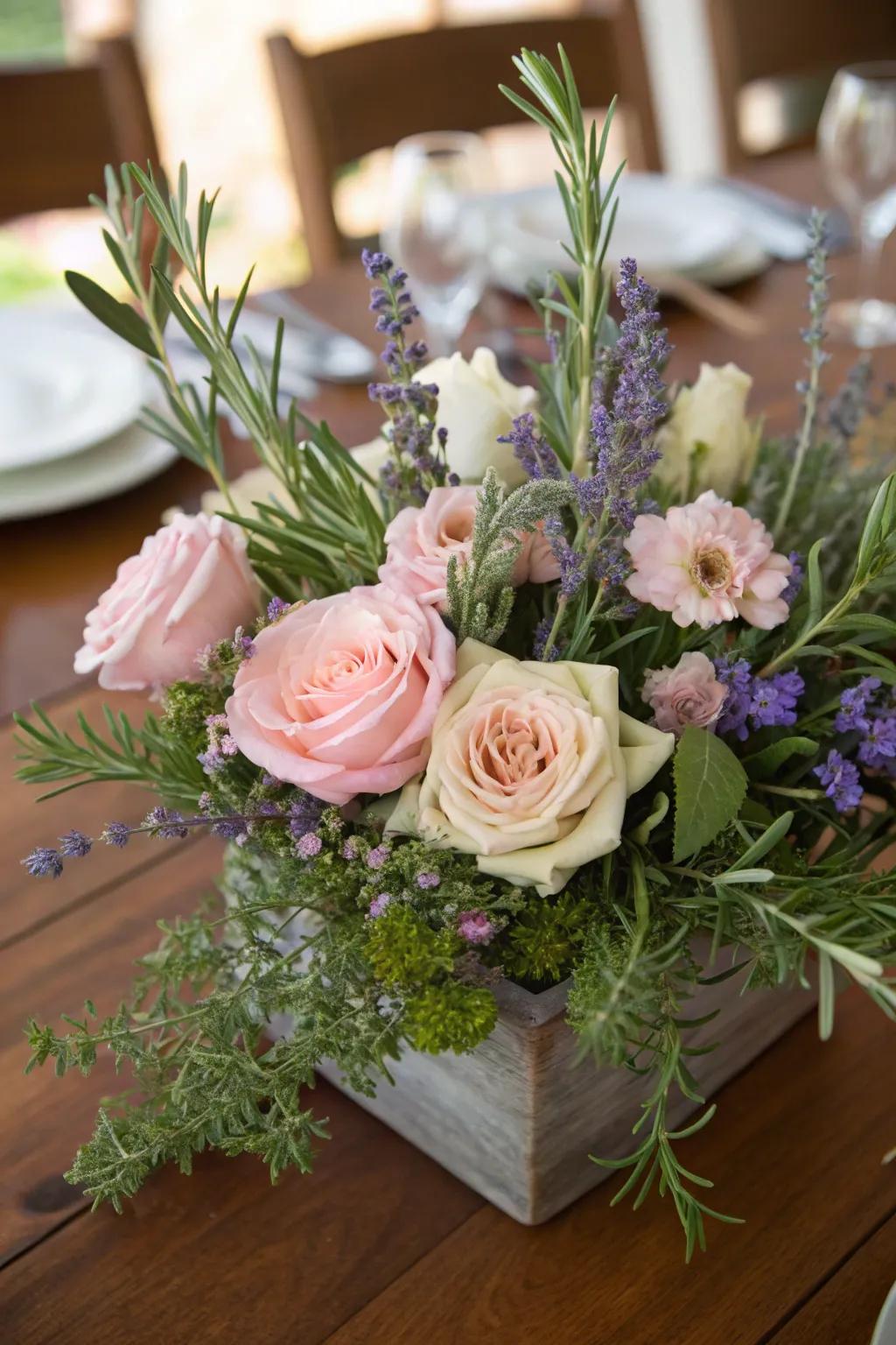 A fragrant centerpiece featuring leaves and blooms