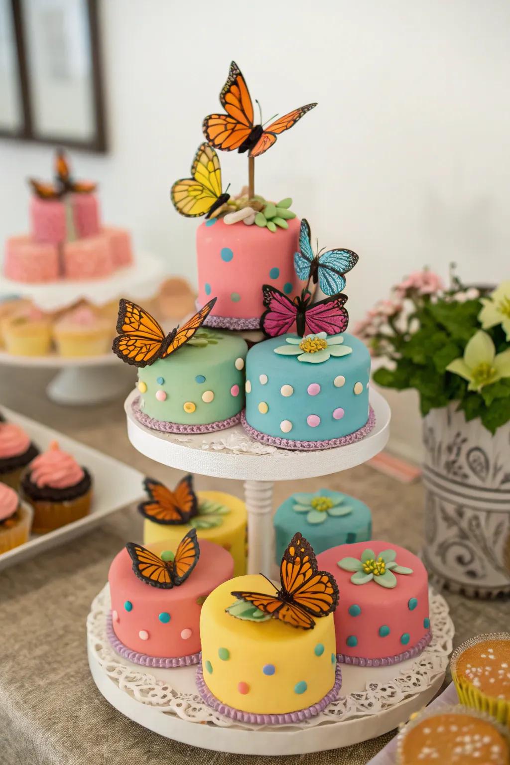 Mini cakes decorated with butterflies, perfect for an elegant treat.