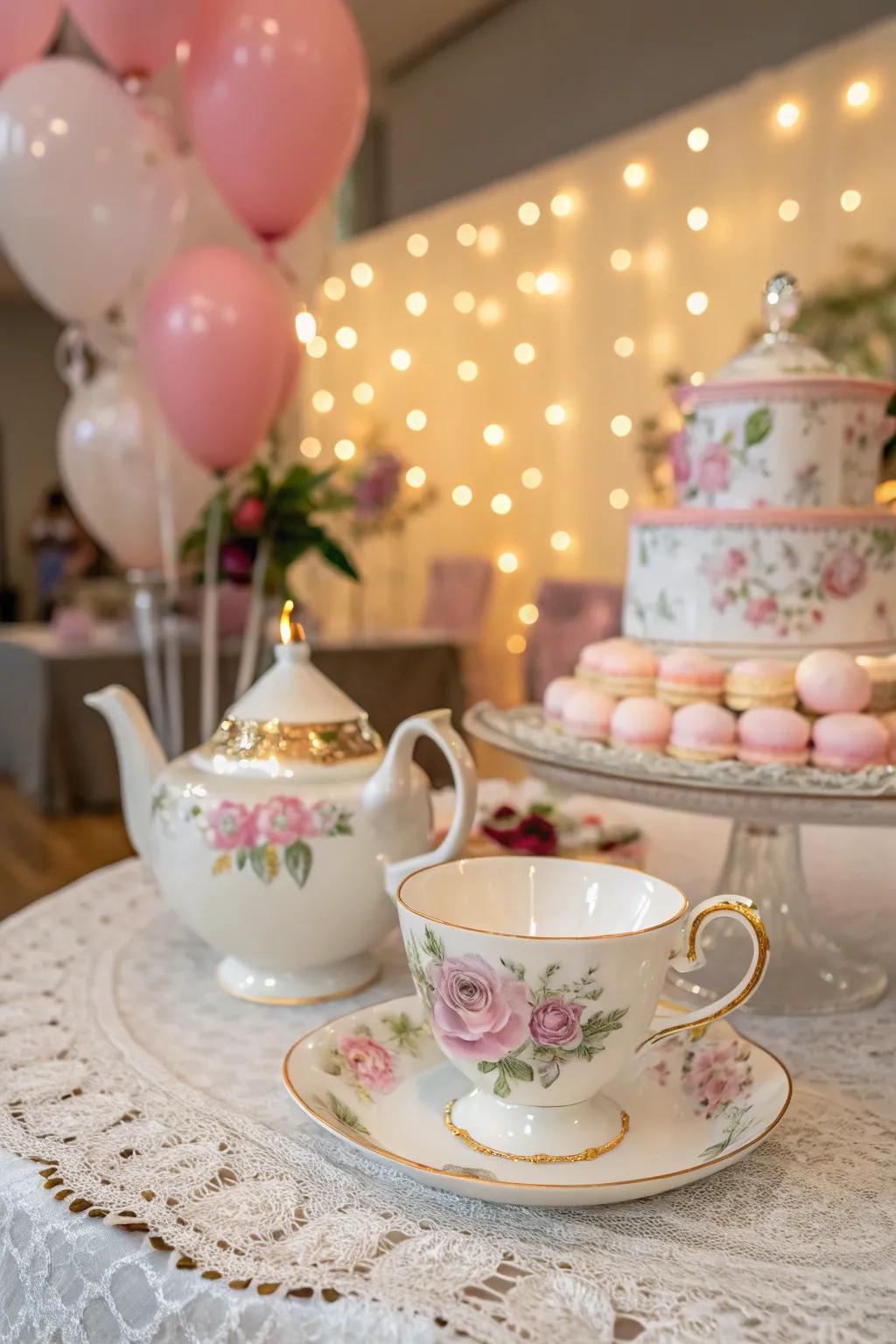 A tea set centerpiece transports ageless grace and charm.
