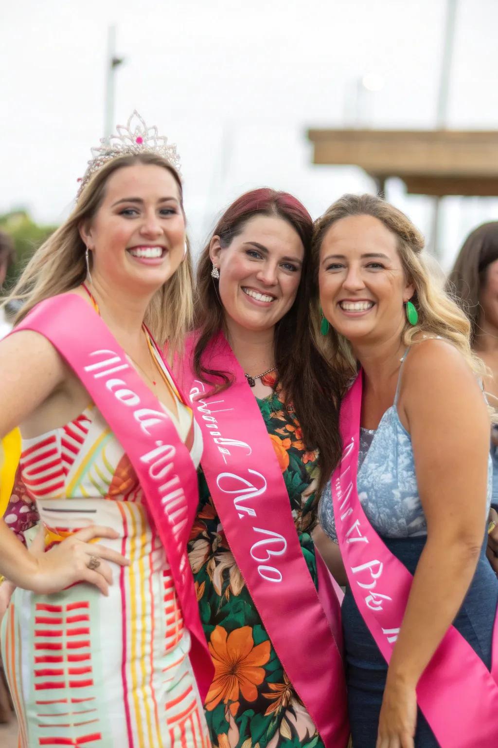 A joyful group of women sporting customized shoulder belts.