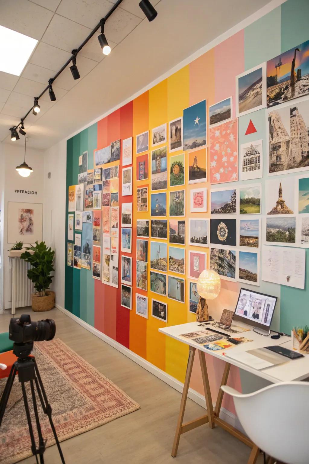 A colorful collage wall of prints and postcards in a studio.