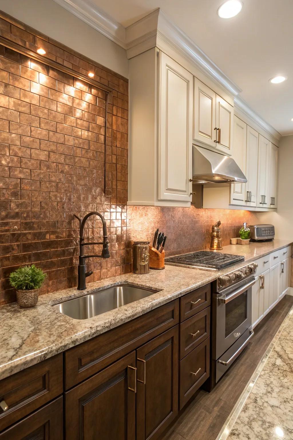Brass-toned tiles bring warmth to fantasy brown granite.