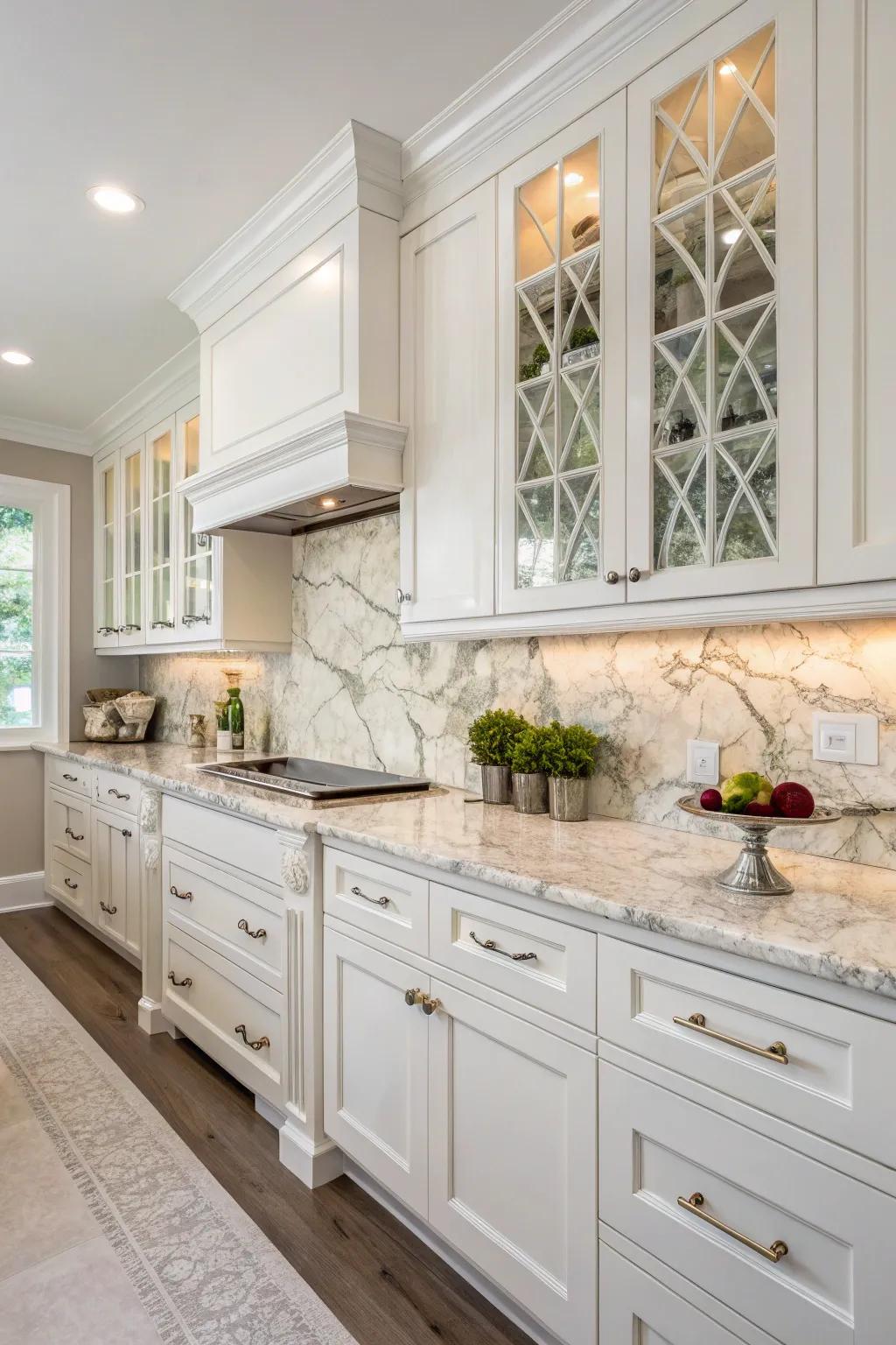 The elegance of marble tiles enhances the kitchen's luxurious appeal.