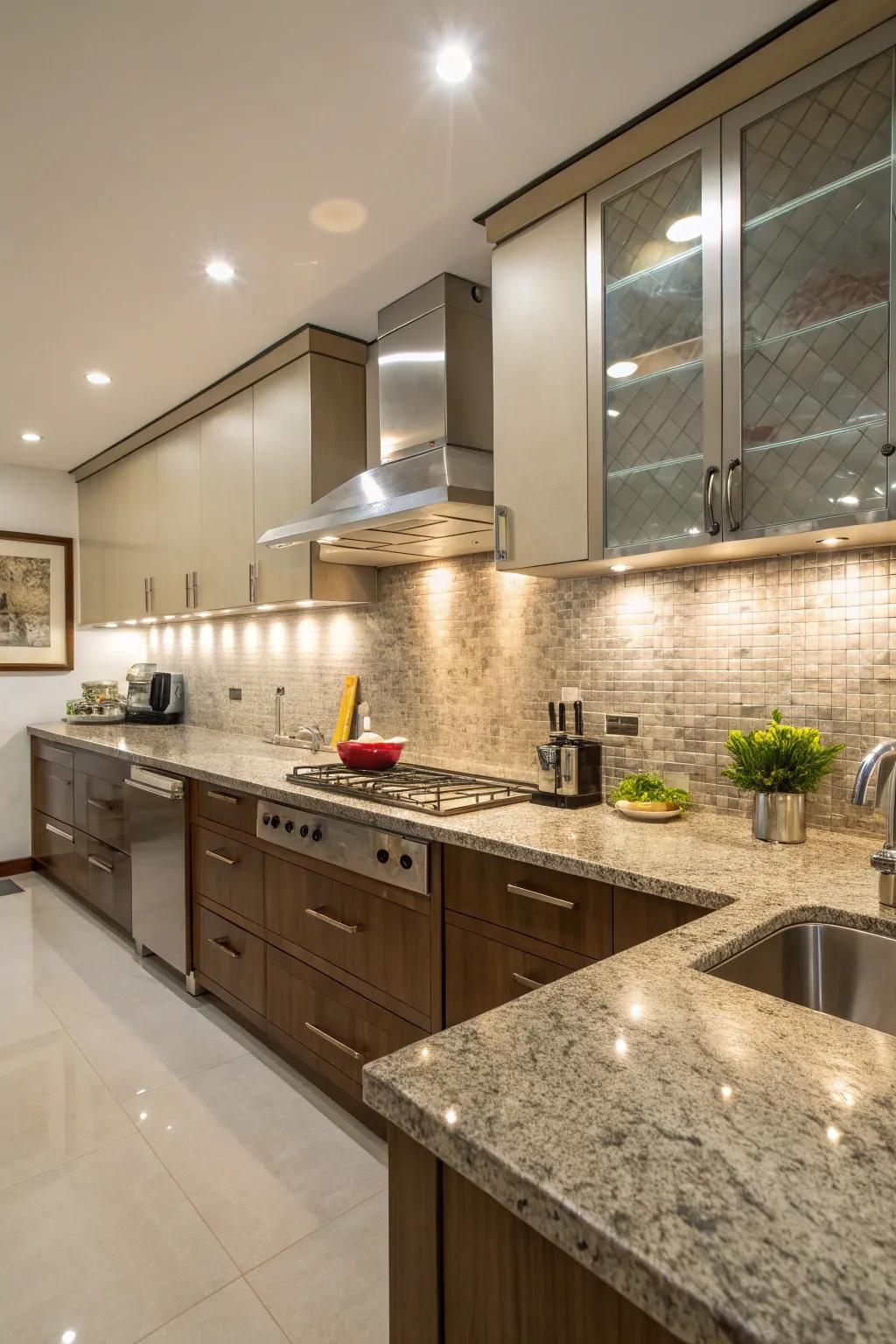 Polished steel and granite create an industrial chic look.
