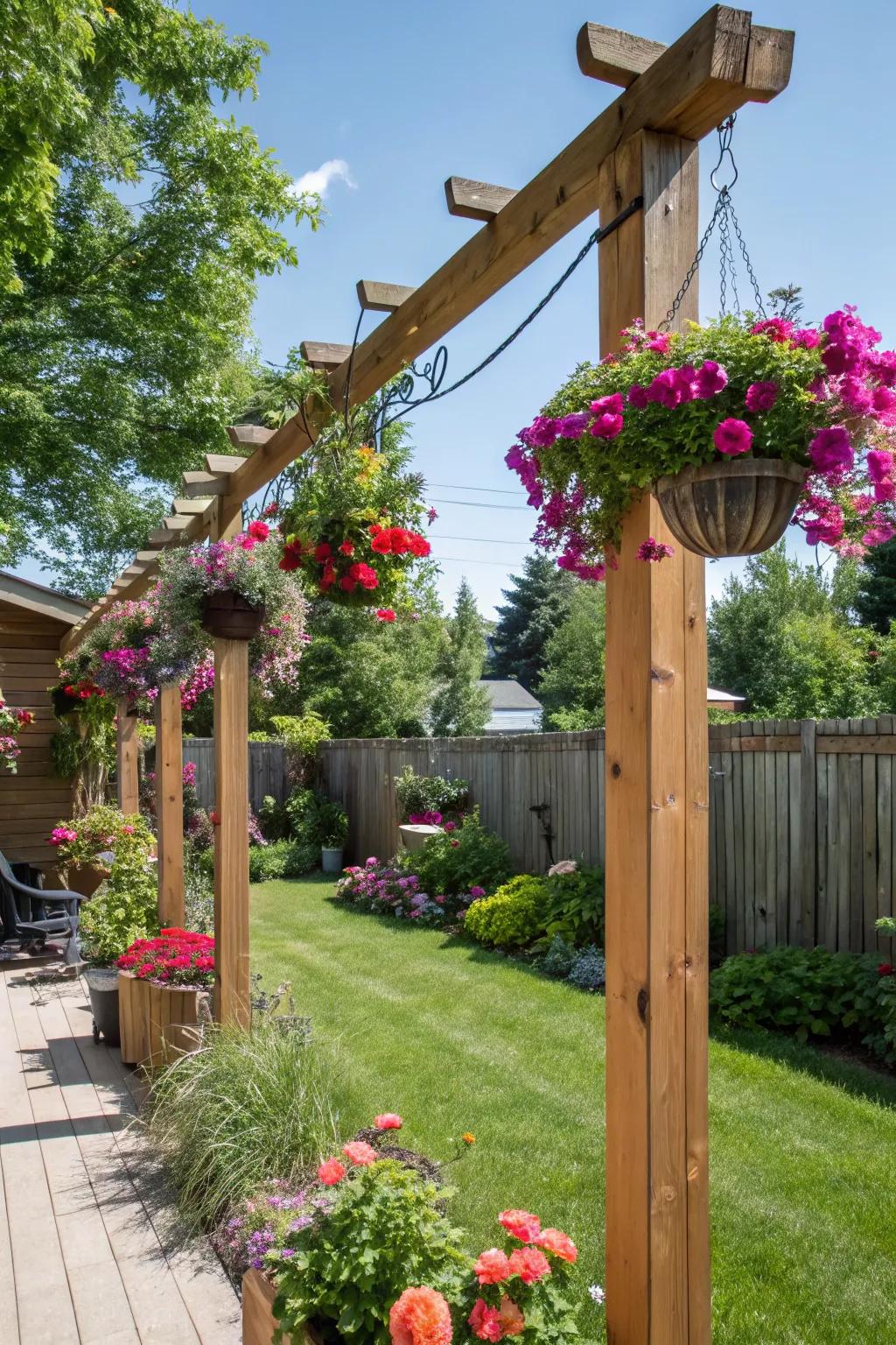 Construct a vertical floral display using suspended vegetation basket pillars.