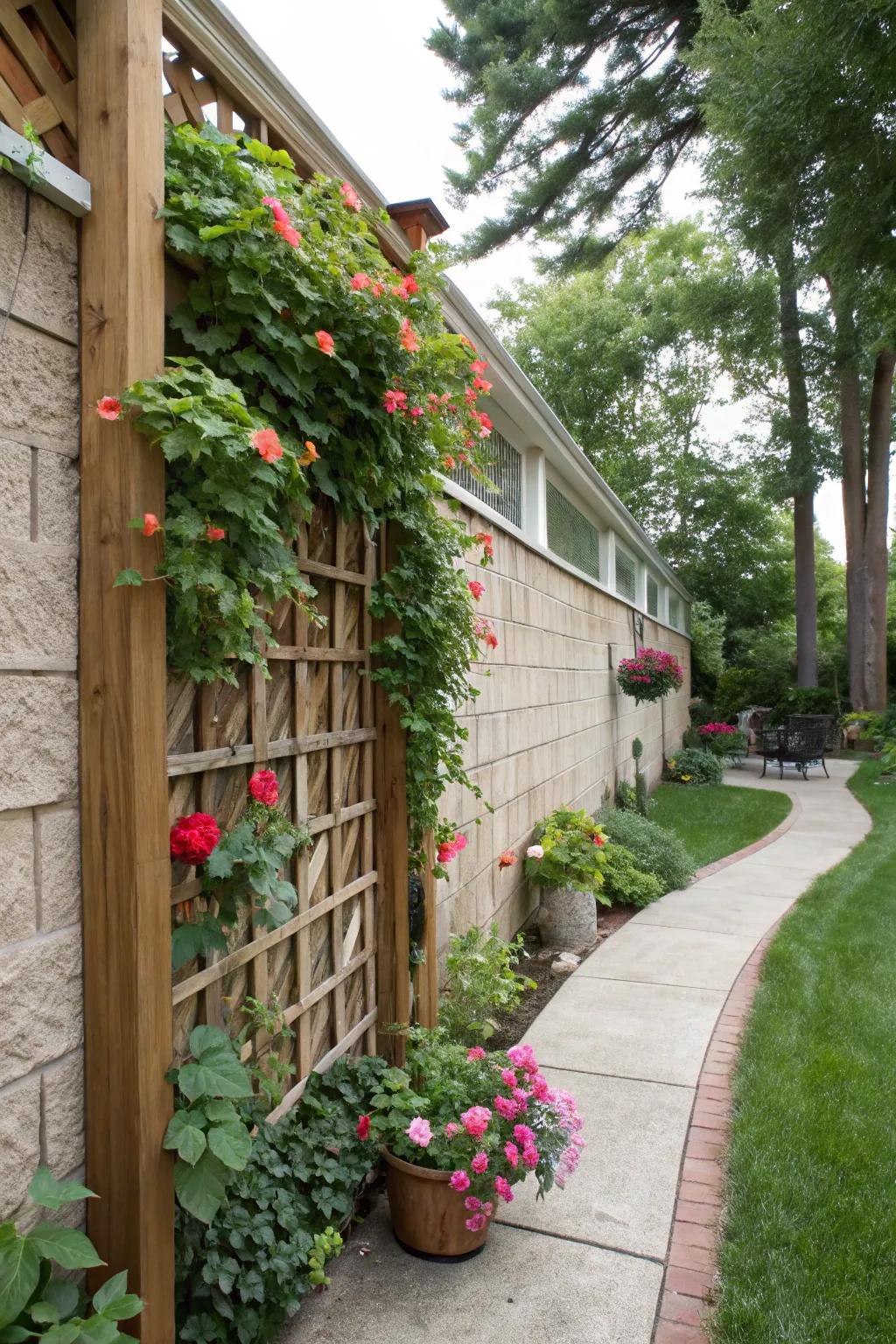 Trellises support lush climbing plants.
