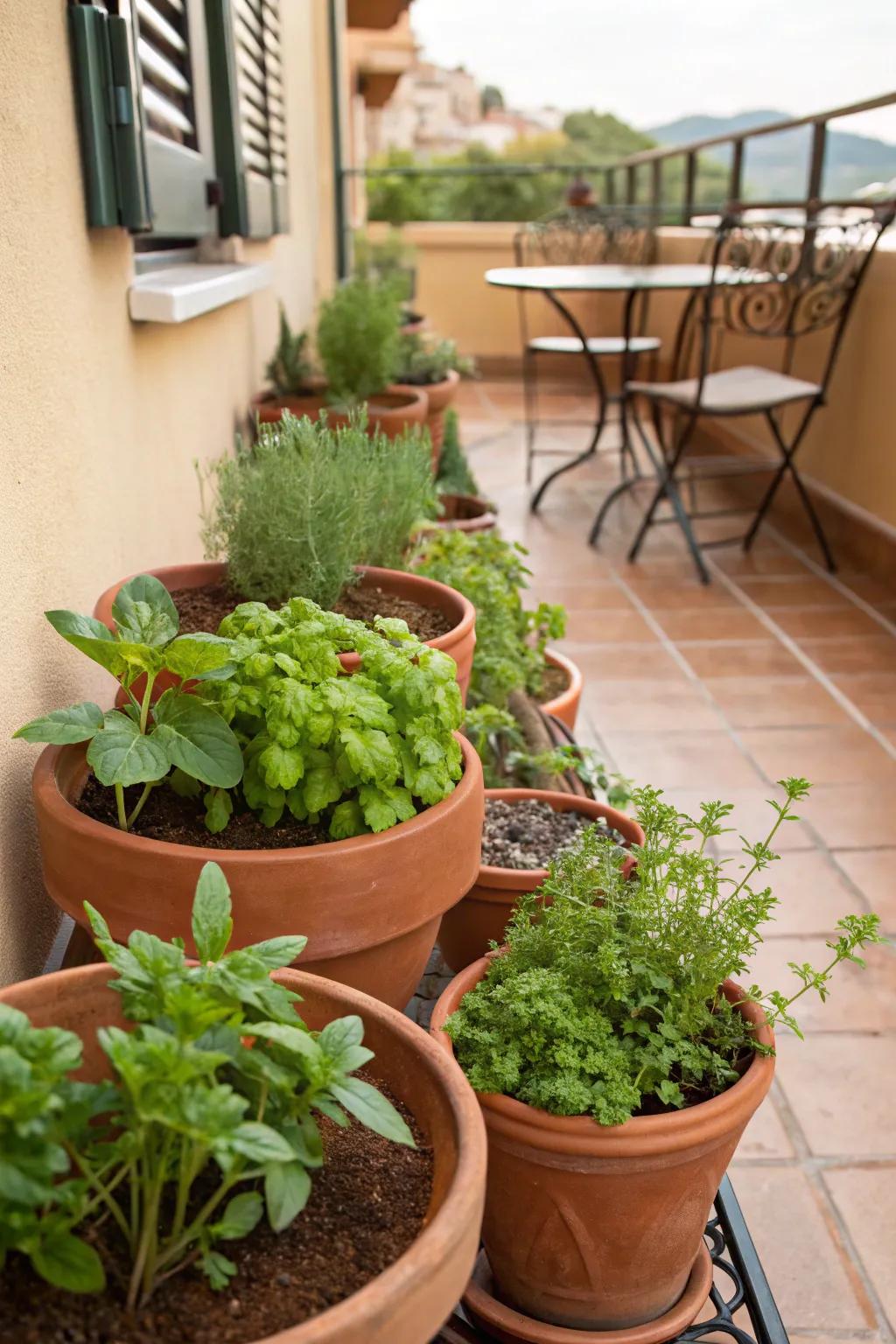 Clay pots introduce enduring elegance to any herb garden.