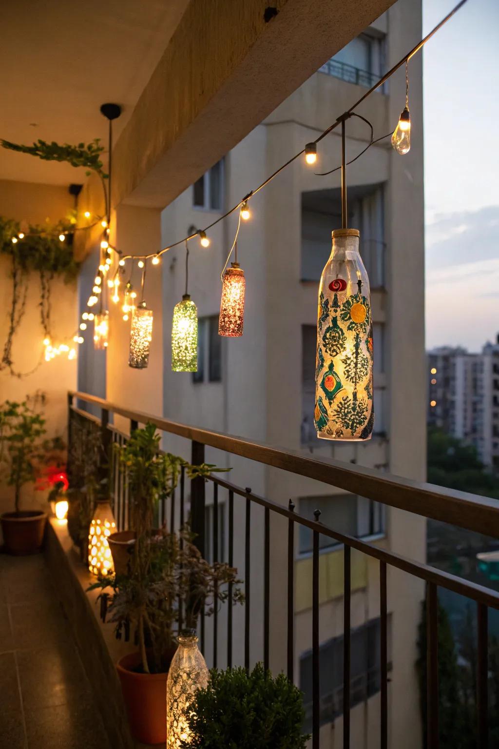 DIY vial lights append a personal and creative touch to balcony decor.