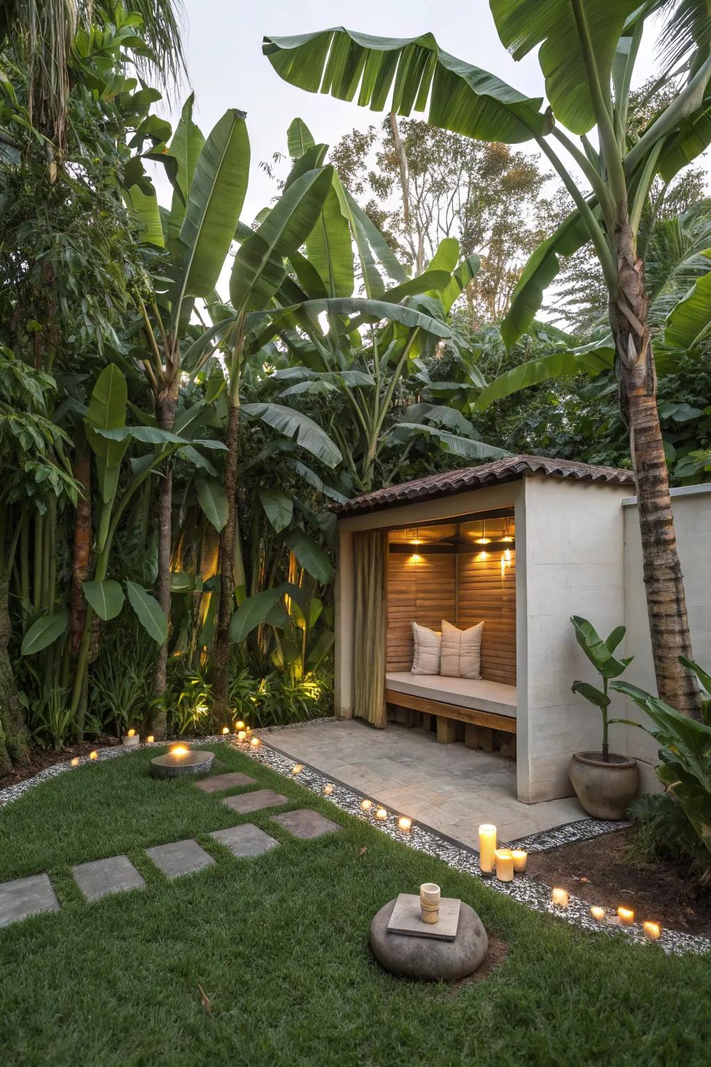 Find serenity in a meditation corner surrounded by banana trees.