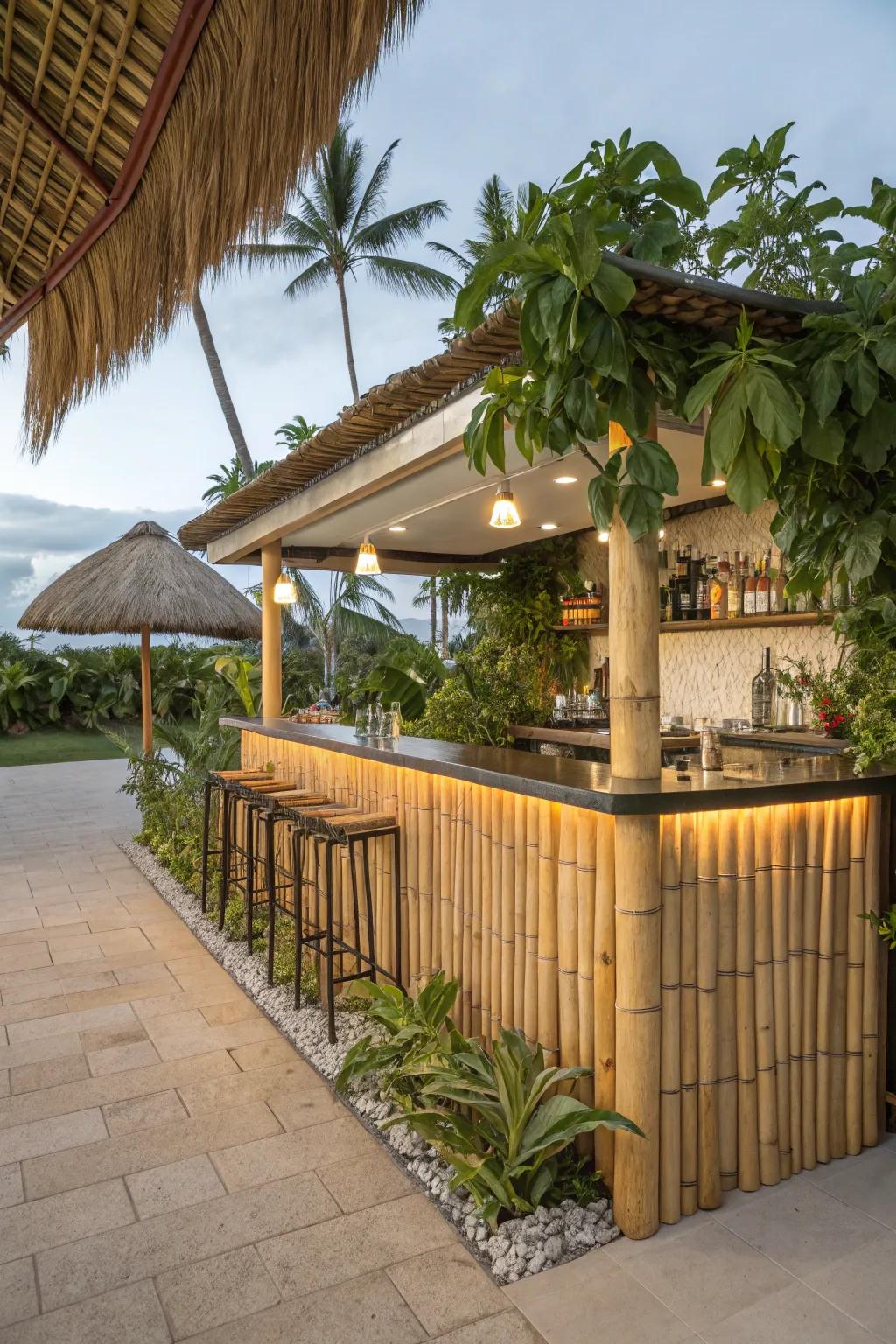 Tropical retreat bar featuring bamboo and greenery.