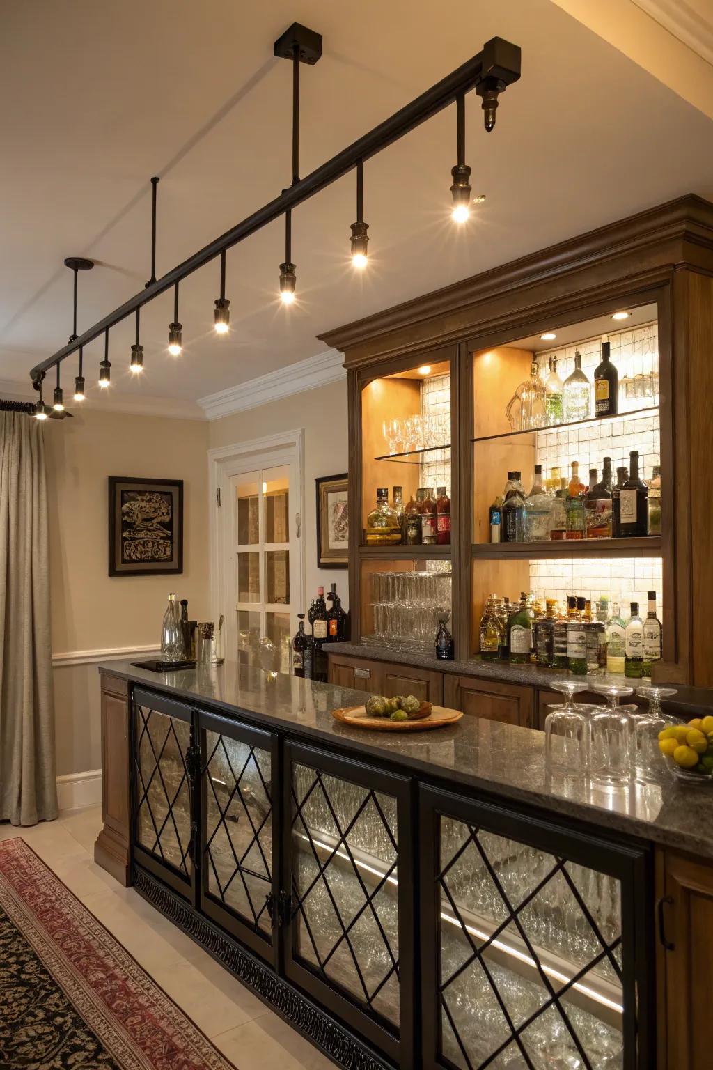 Track lighting provides flexibility and focus within the bar.