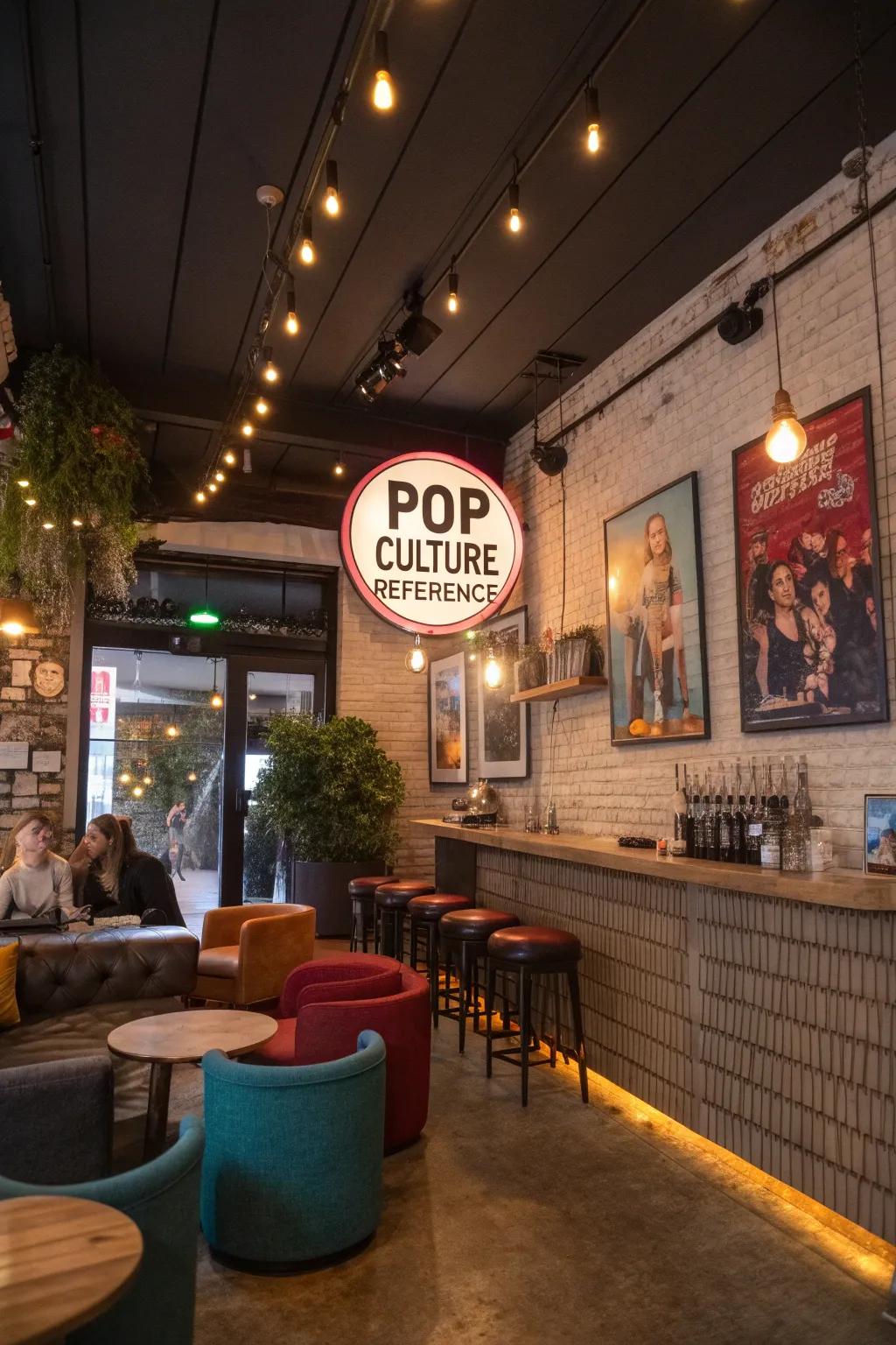 Pop culture allusion signs contribute a playful and modern twist.