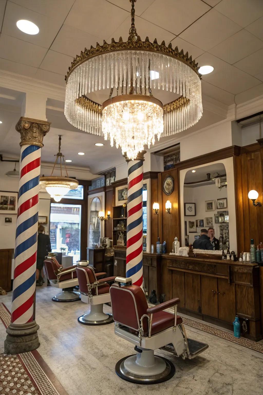 A striking chandelier serves as a bold centerpiece in a barbershop.