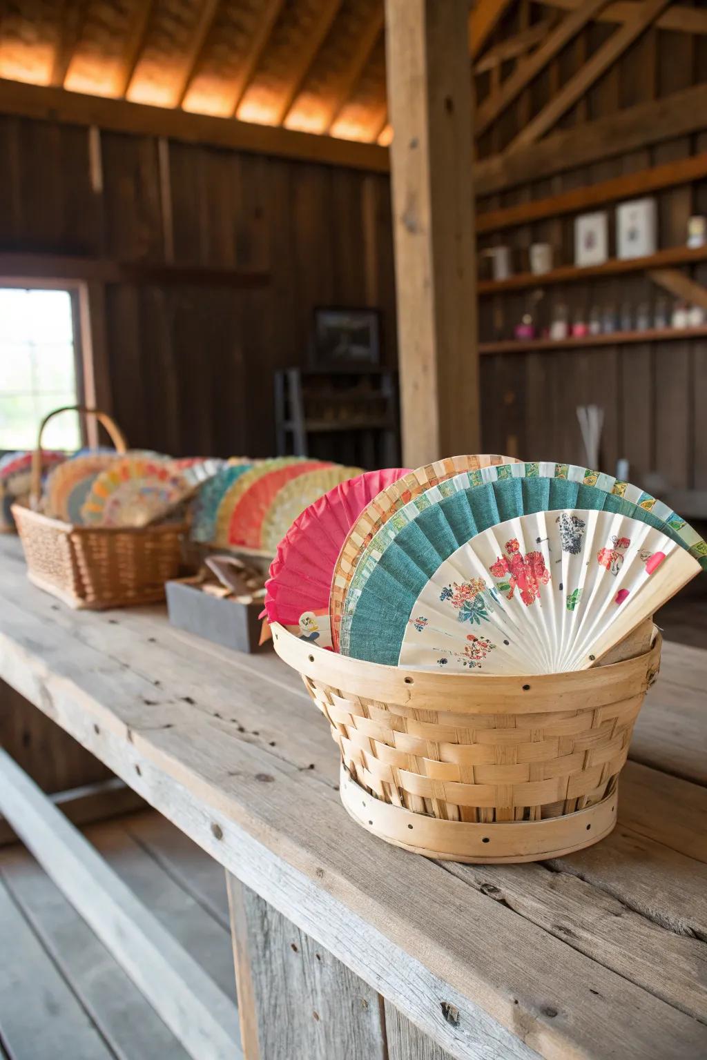 Embossed paper fans offer both utility and charm.