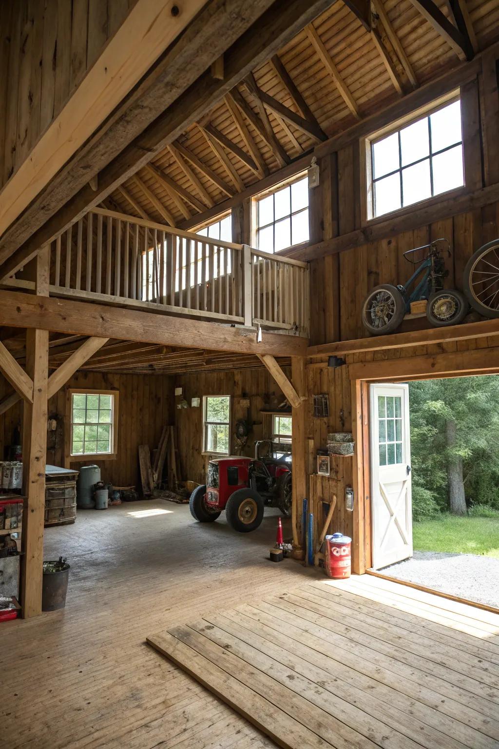 An elevated space maximizes space within this barn garage, providing storage or seating options.
