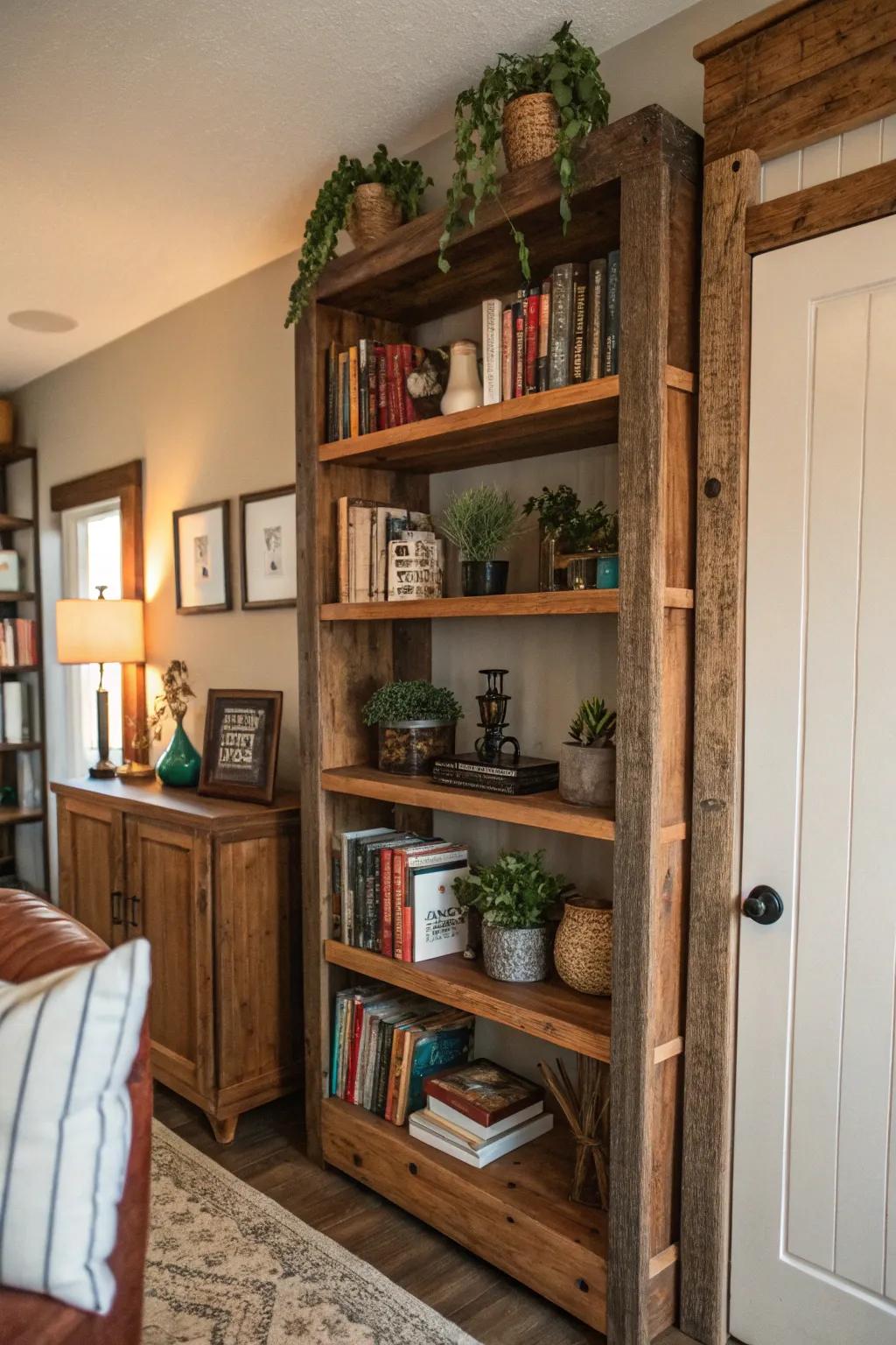 Incorporate functional style with barn wood shelves.