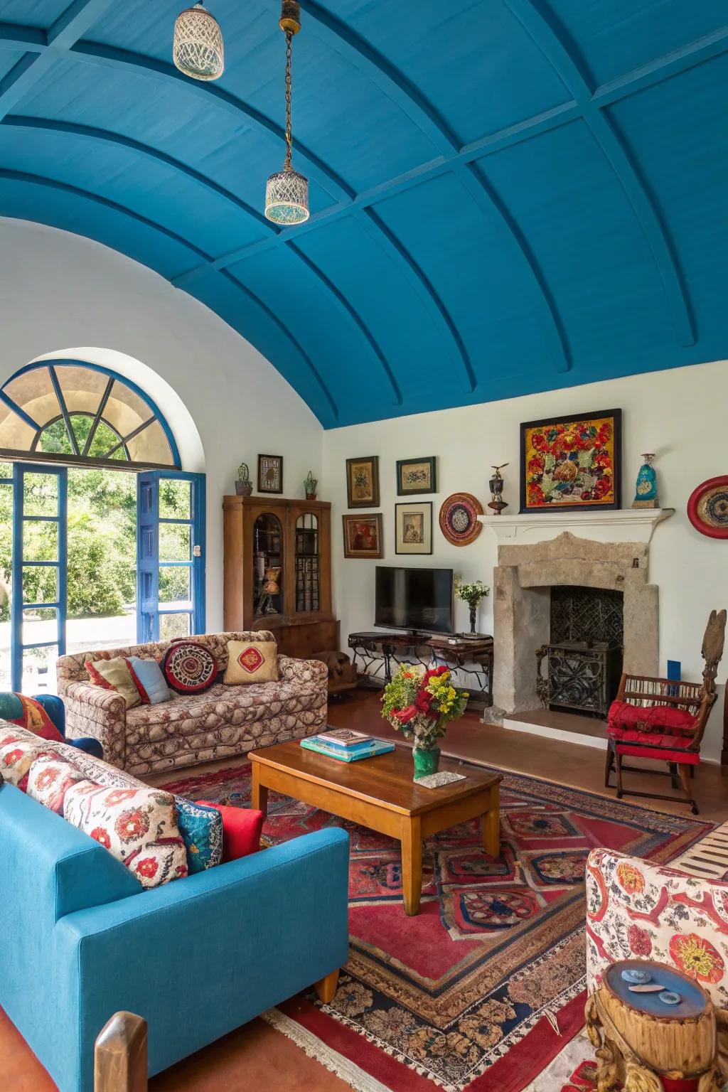 A vibrant living space featuring a bold colored arched ceiling.