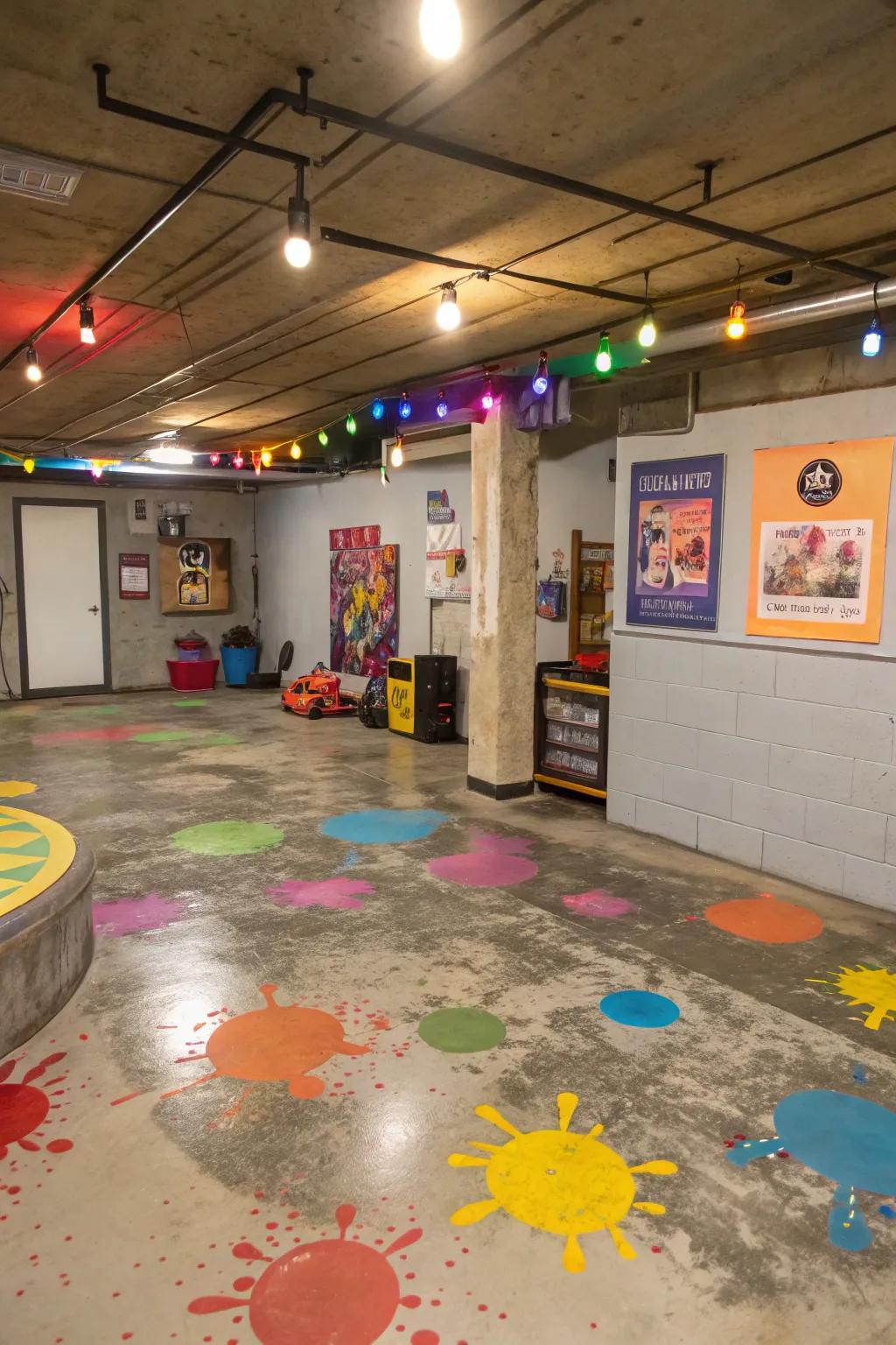 Varied colors in concrete floors add a playful and interesting dimension to basement spaces.