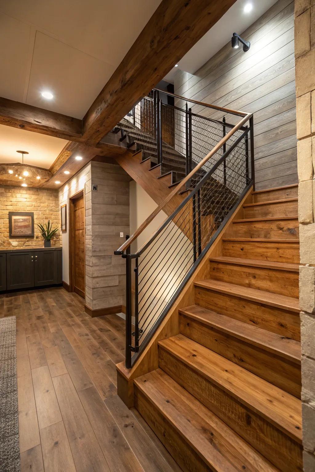A fusion of wood and metal creates a harmonious and stylish stairwell.