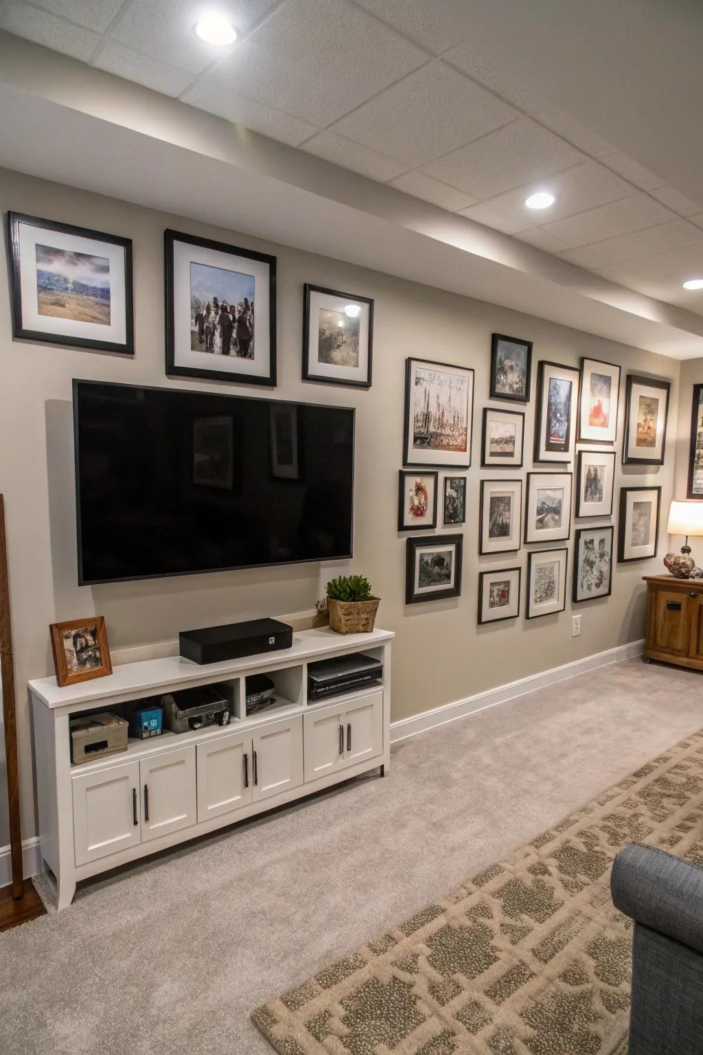 A basement TV wall ornamented with a curated gallery wall of personal photos and art.