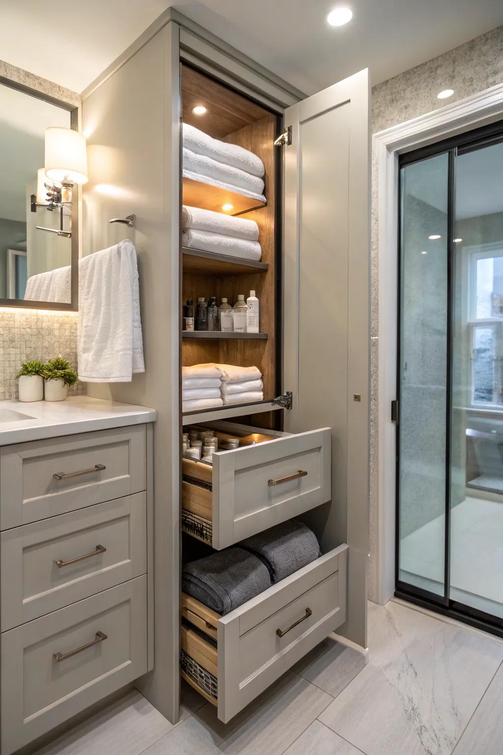 Sliding cabinets offer straightforward access and arrangement.