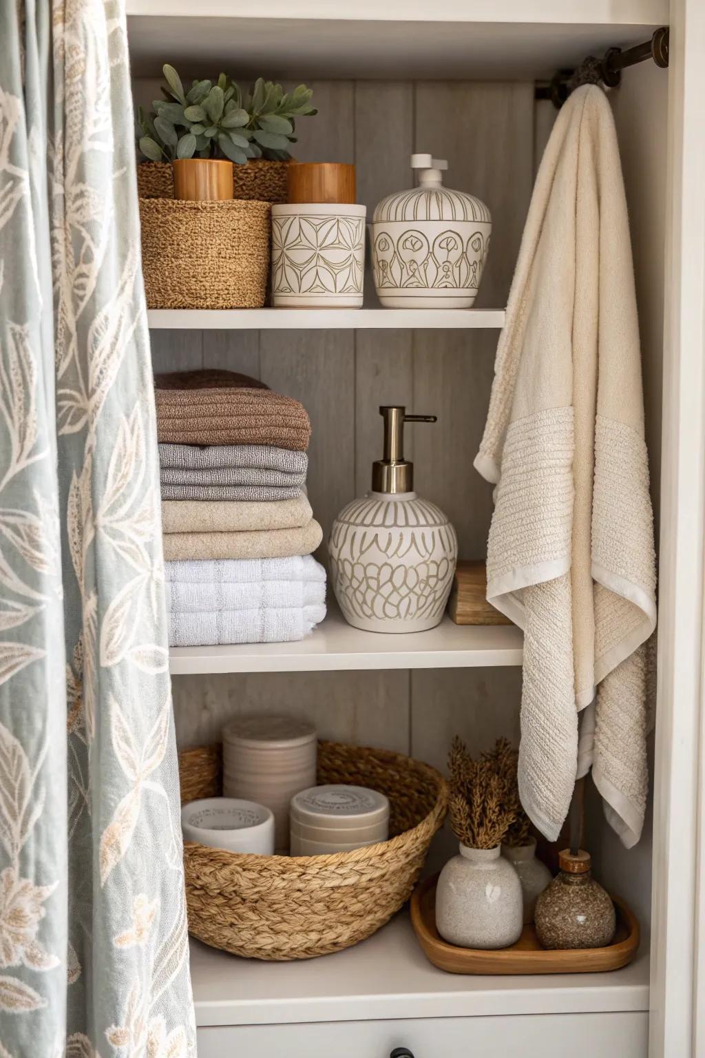 A blend of ceramics and textiles adds depth to the bathroom closet.