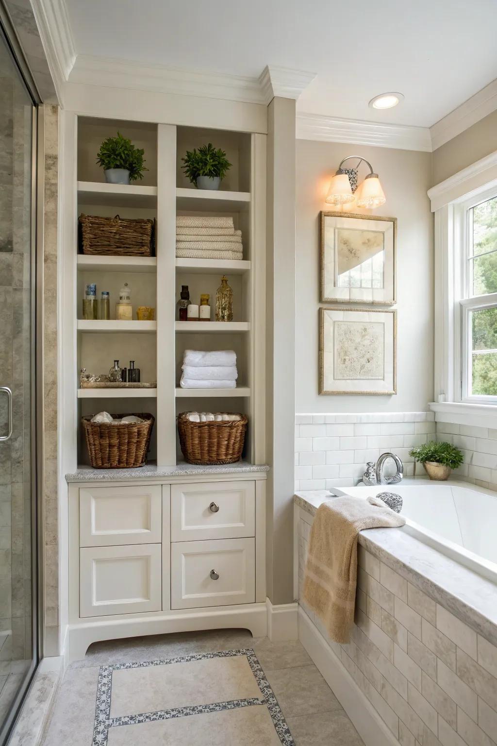 Custom shelves with edging infuse style and optimize storage potential.